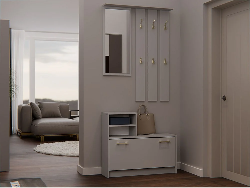 VITTORIA - Vestiaire d'entrée - Patère murale + miroir + rangement chaussures - 180x85x24 - Meuble d'entrée - Gris