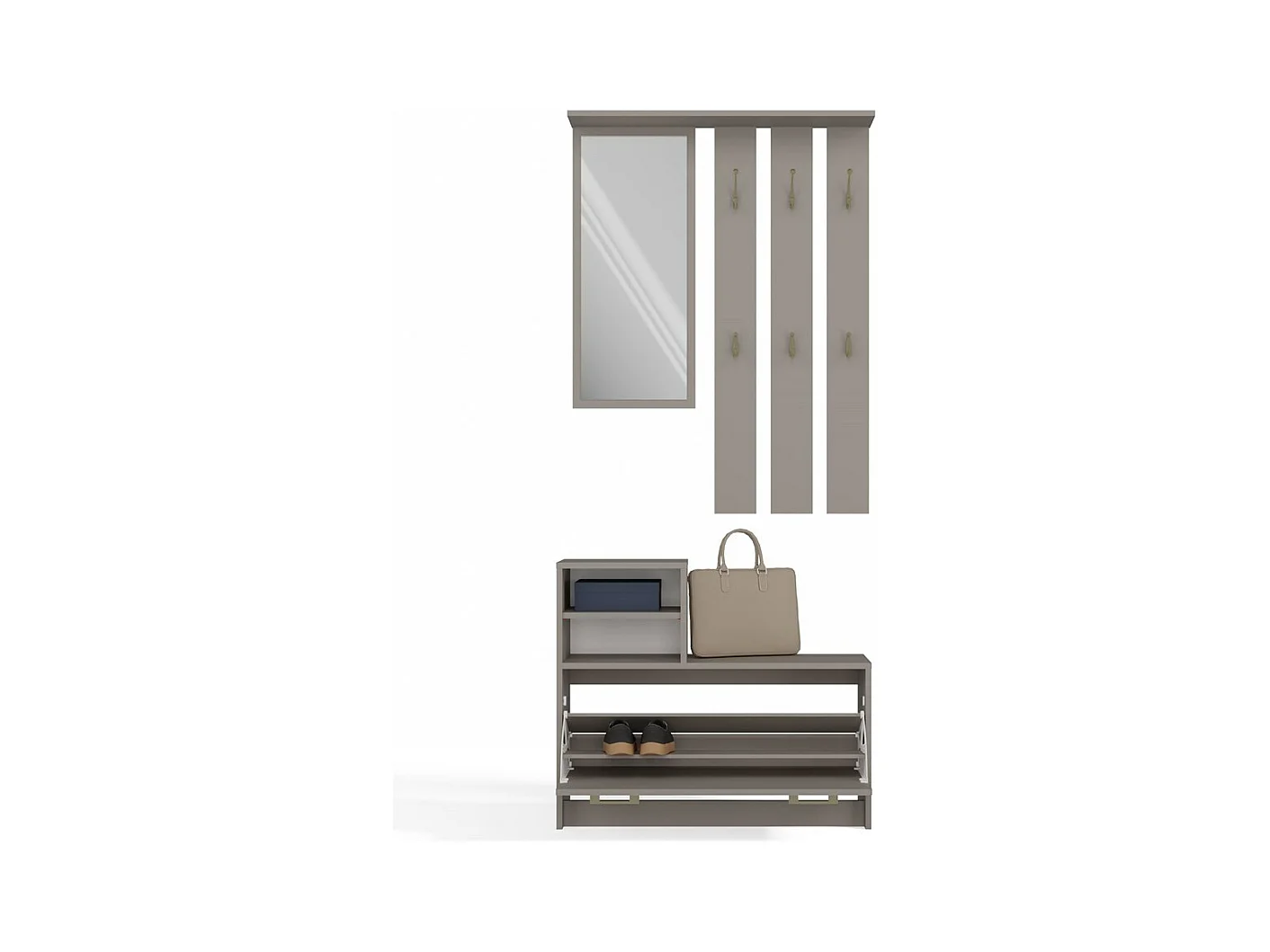 VITTORIA - Vestiaire d'entrée - Patère murale + miroir + rangement chaussures - 180x85x24 - Meuble d'entrée - Gris