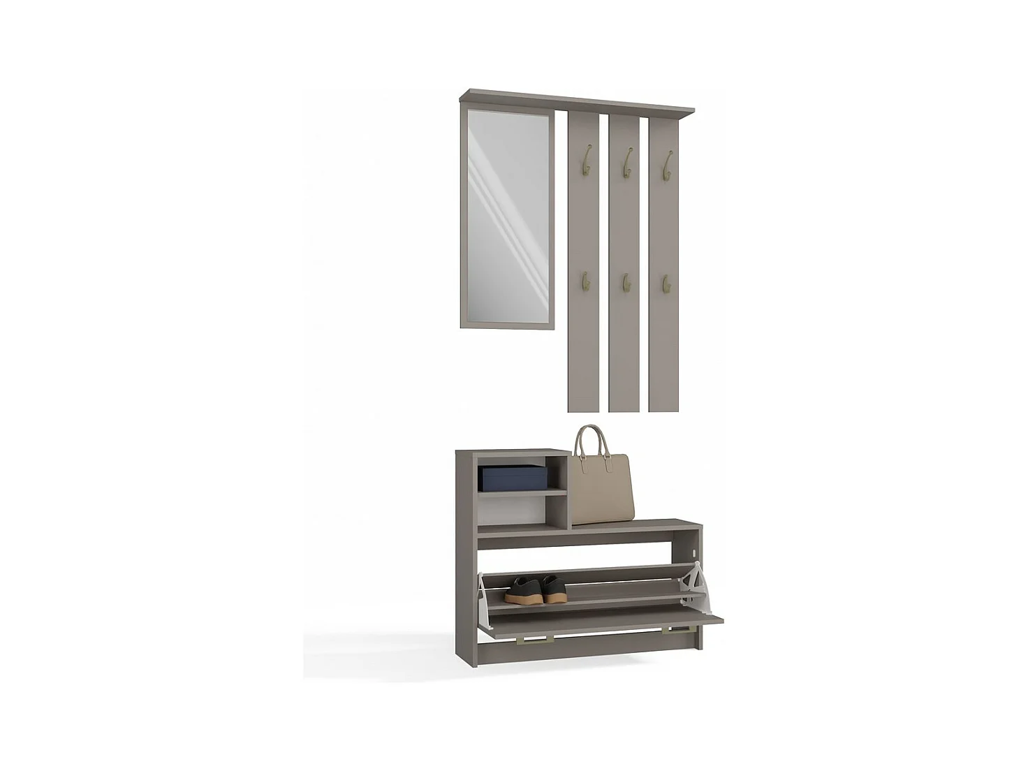 VITTORIA - Vestiaire d'entrée - Patère murale + miroir + rangement chaussures - 180x85x24 - Meuble d'entrée - Gris