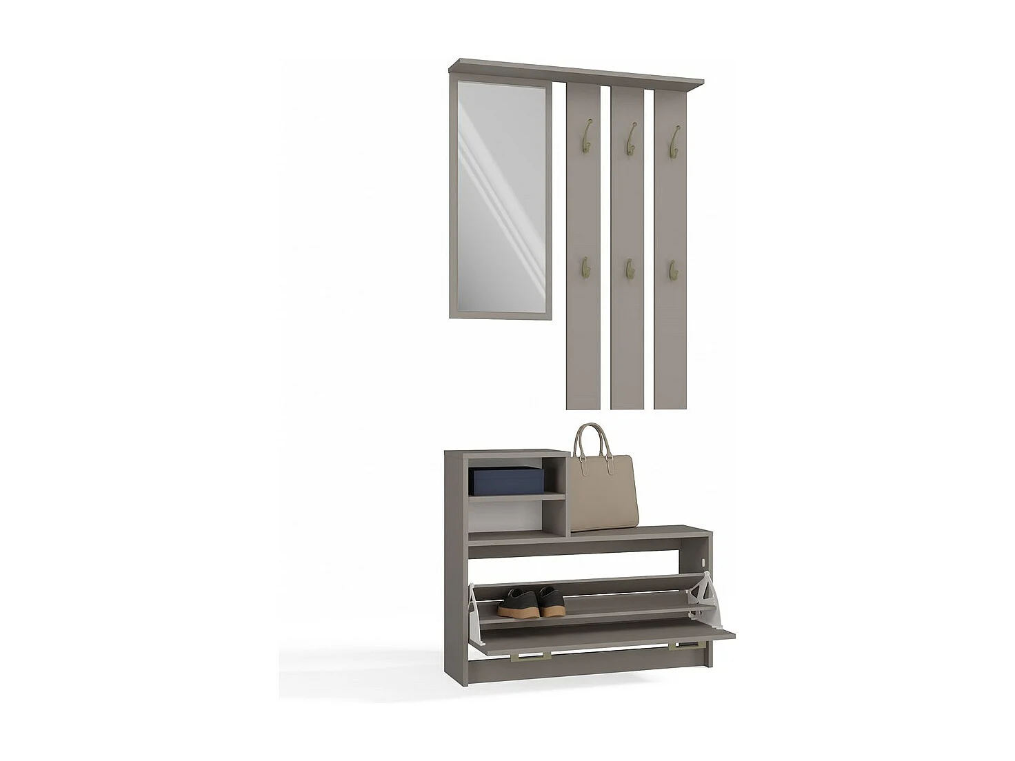 VITTORIA - Vestiaire d'entrée - Patère murale + miroir + rangement chaussures - 180x85x24 - Meuble d'entrée - Gris