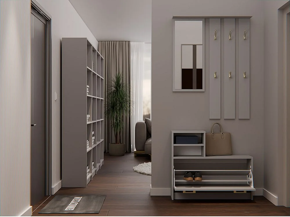 VITTORIA - Vestiaire d'entrée - Patère murale + miroir + rangement chaussures - 180x85x24 - Meuble d'entrée - Gris