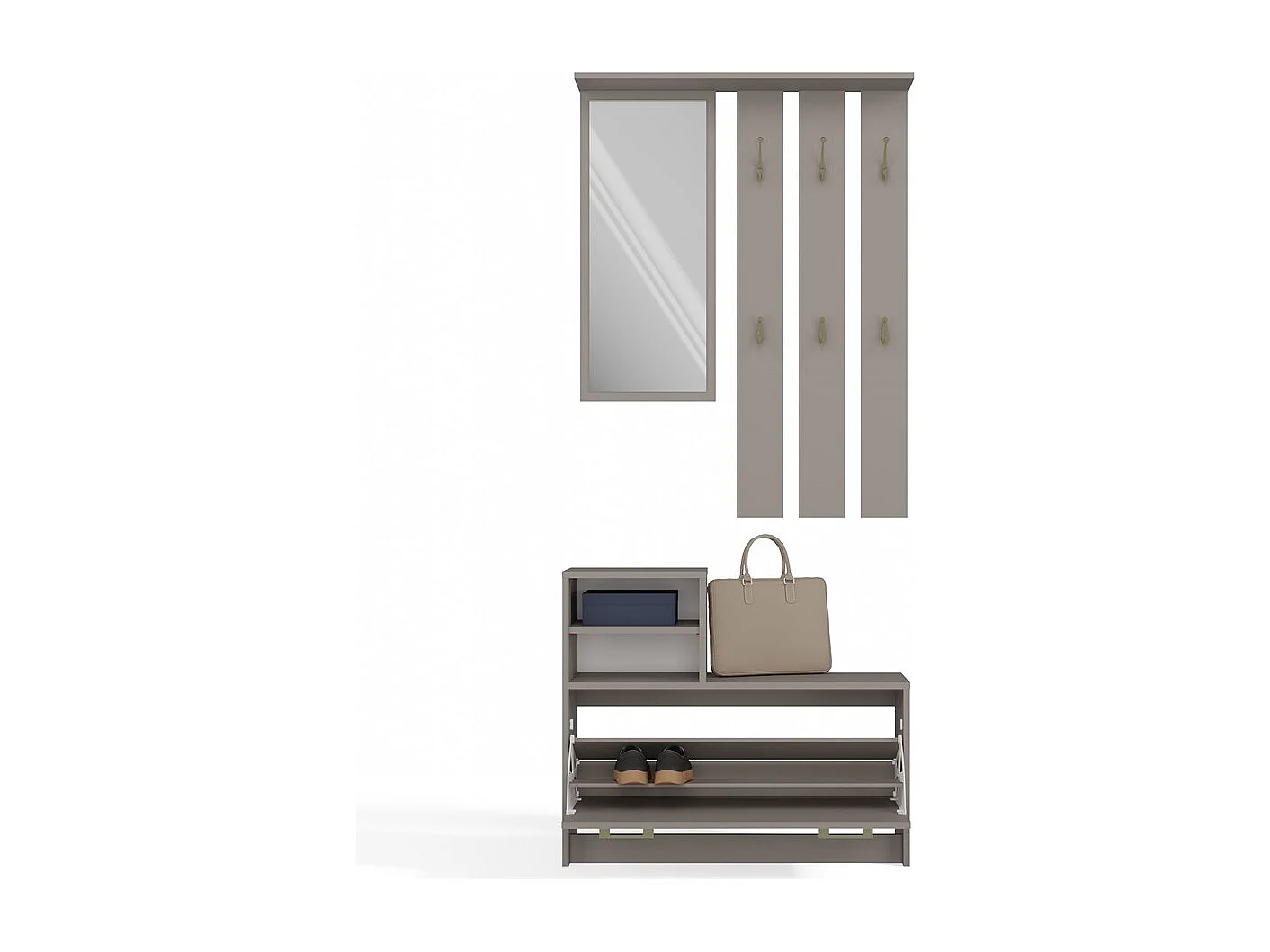 VITTORIA - Vestiaire d'entrée - Patère murale + miroir + rangement chaussures - 180x85x24 - Meuble d'entrée - Gris