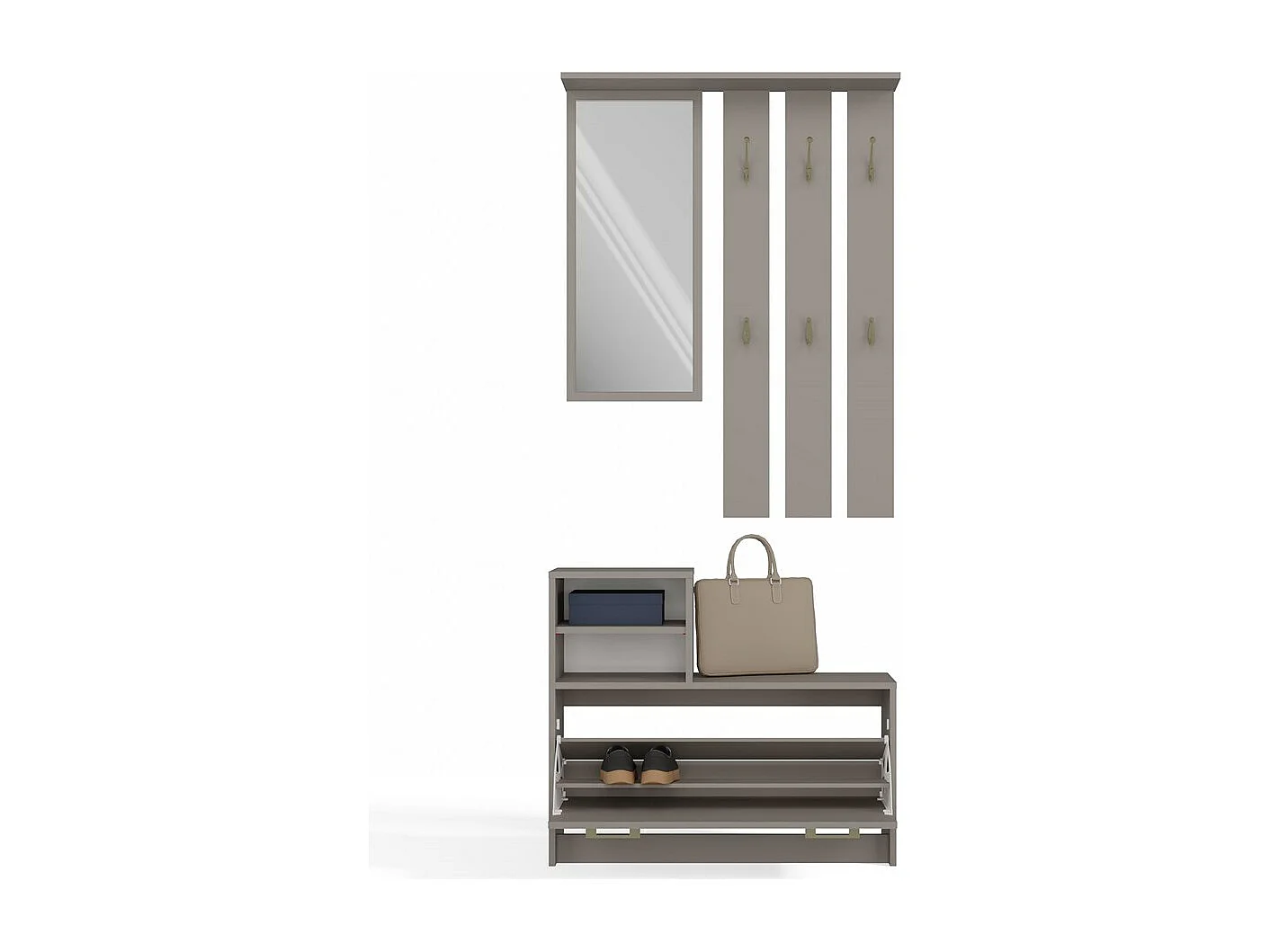 VITTORIA - Vestiaire d'entrée - Patère murale + miroir + rangement chaussures - 180x85x24 - Meuble d'entrée - Gris