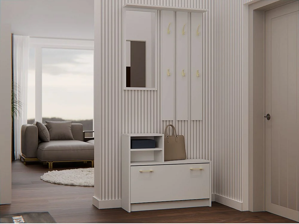 VITTORIA - Vestiaire d'entrée - Patère murale + miroir + rangement chaussures - 180x85x24 - Meuble d'entrée - Beige