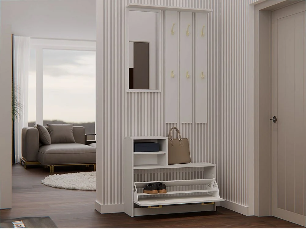 VITTORIA - Vestiaire d'entrée - Patère murale + miroir + rangement chaussures - 180x85x24 - Meuble d'entrée - Beige