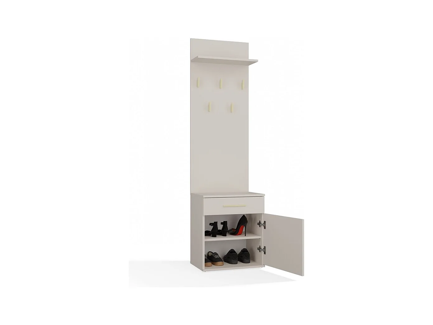 VIONI - Meuble vestiaire d'entrée - Portemanteau mural avec étagère - 5 crochets - Tiroir + meuble de rangement - Beige