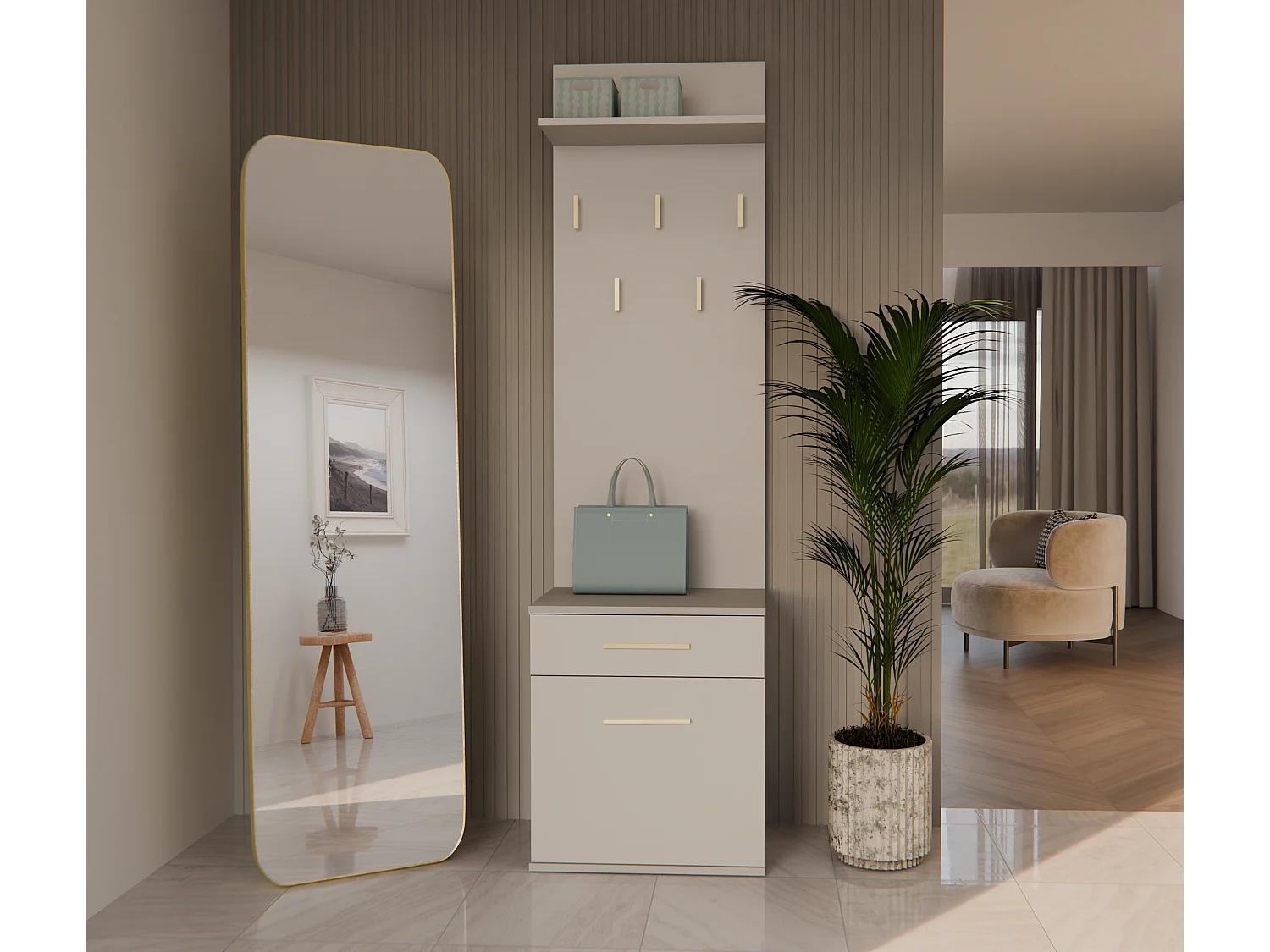 VIONI - Meuble vestiaire d'entrée - Portemanteau mural avec étagère - 5 crochets - Tiroir + meuble de rangement - Beige