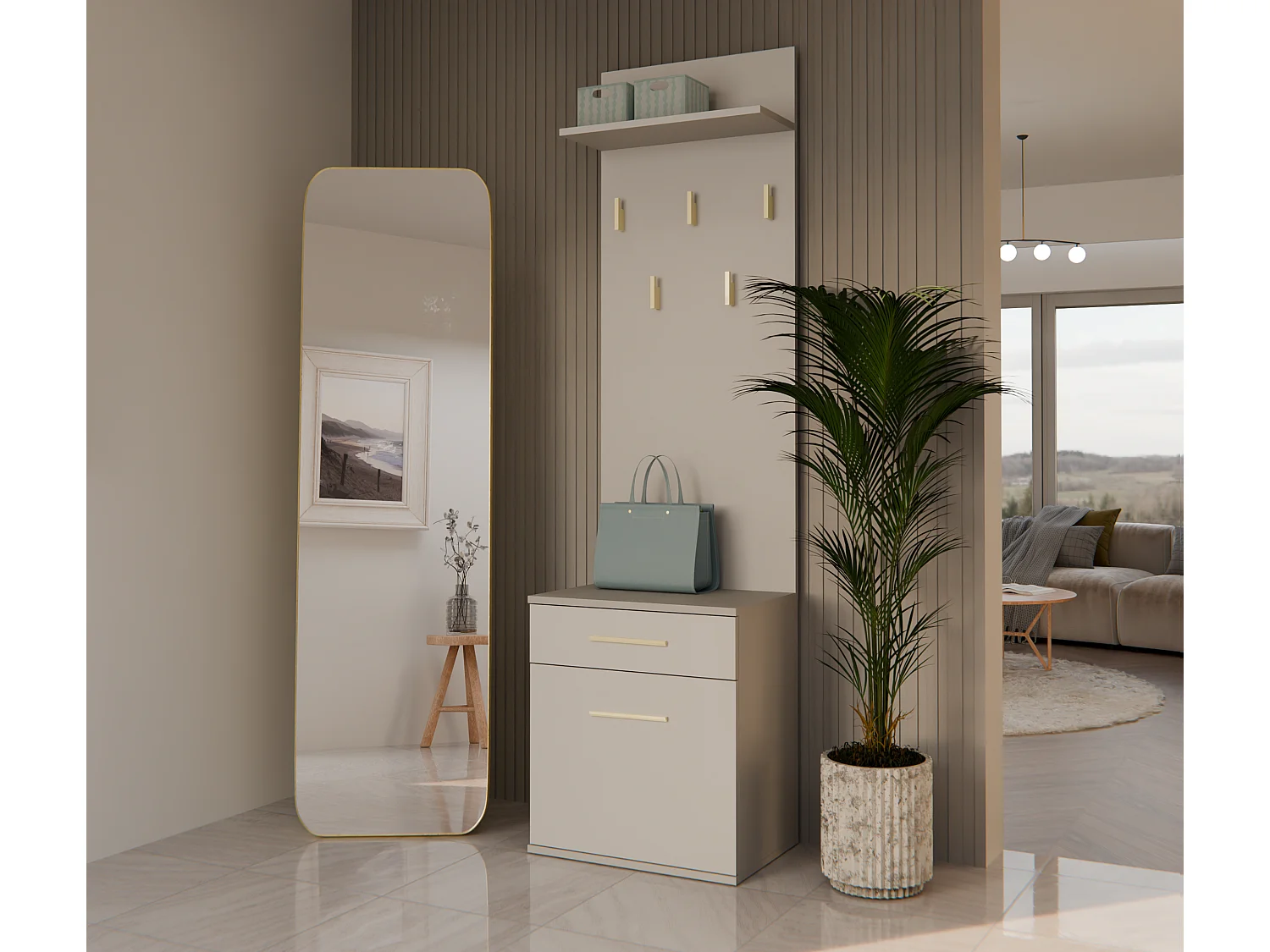 VIONI - Garderobenmöbel für den Eingangsbereich - Wandgarderobe mit Regal - 5 Haken - Schublade + Aufbewahrungsmöbel