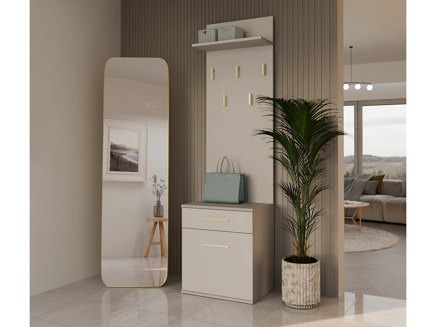 VIONI - Meuble vestiaire d'entrée - Portemanteau mural avec étagère - 5 crochets - Tiroir + meuble de rangement - Beige