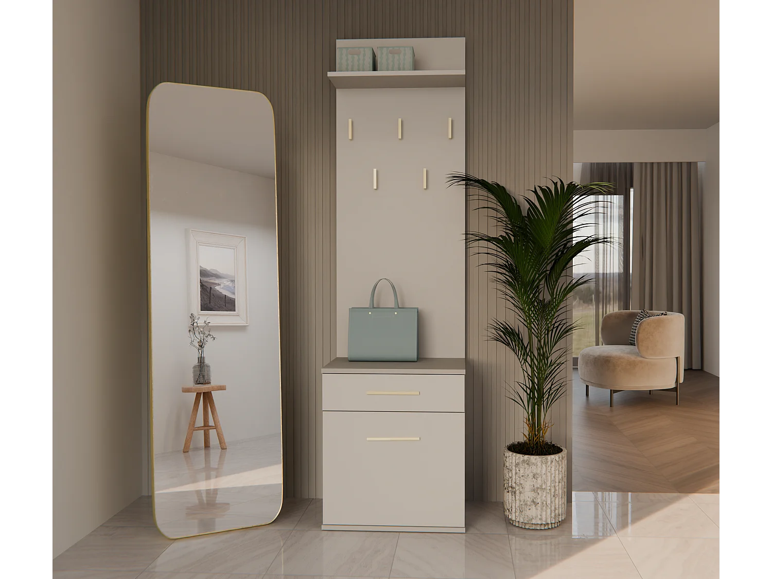 VIONI - Meuble vestiaire d'entrée - Portemanteau mural avec étagère - 5 crochets - Tiroir + meuble de rangement - Beige