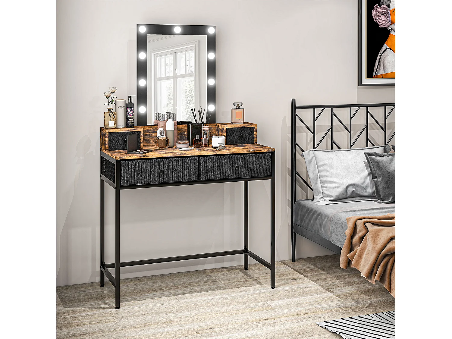 Coiffeuse style industriel - miroir LED réglable - 4 tiroirs tissu - acier noir aspect bois vieilli