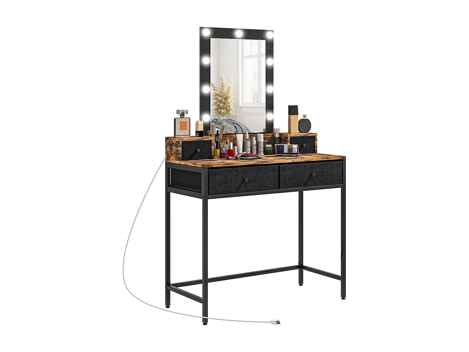 Coiffeuse style industriel - miroir LED réglable - 4 tiroirs tissu - acier noir aspect bois vieilli
