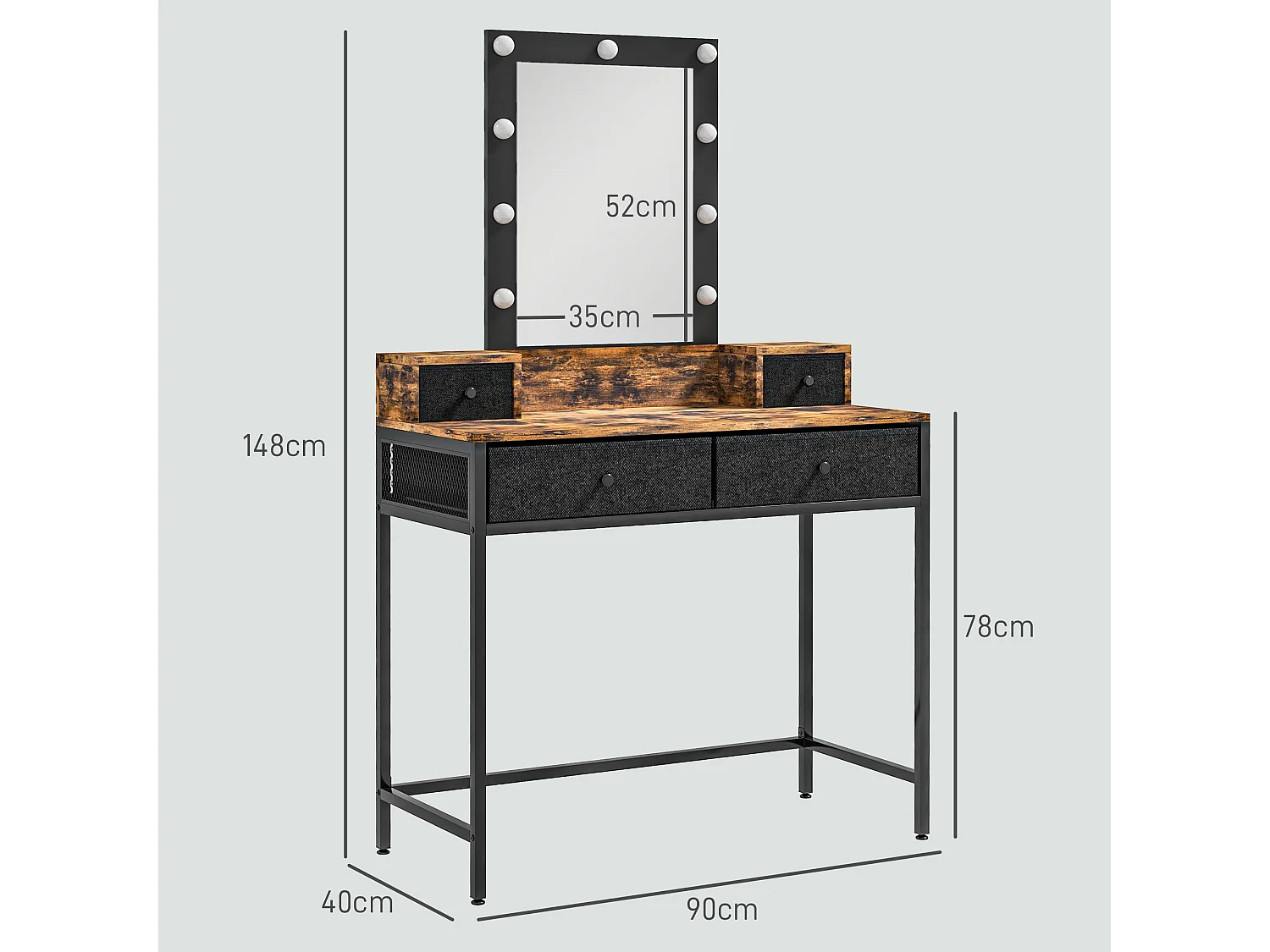 Coiffeuse style industriel - miroir LED réglable - 4 tiroirs tissu - acier noir aspect bois vieilli
