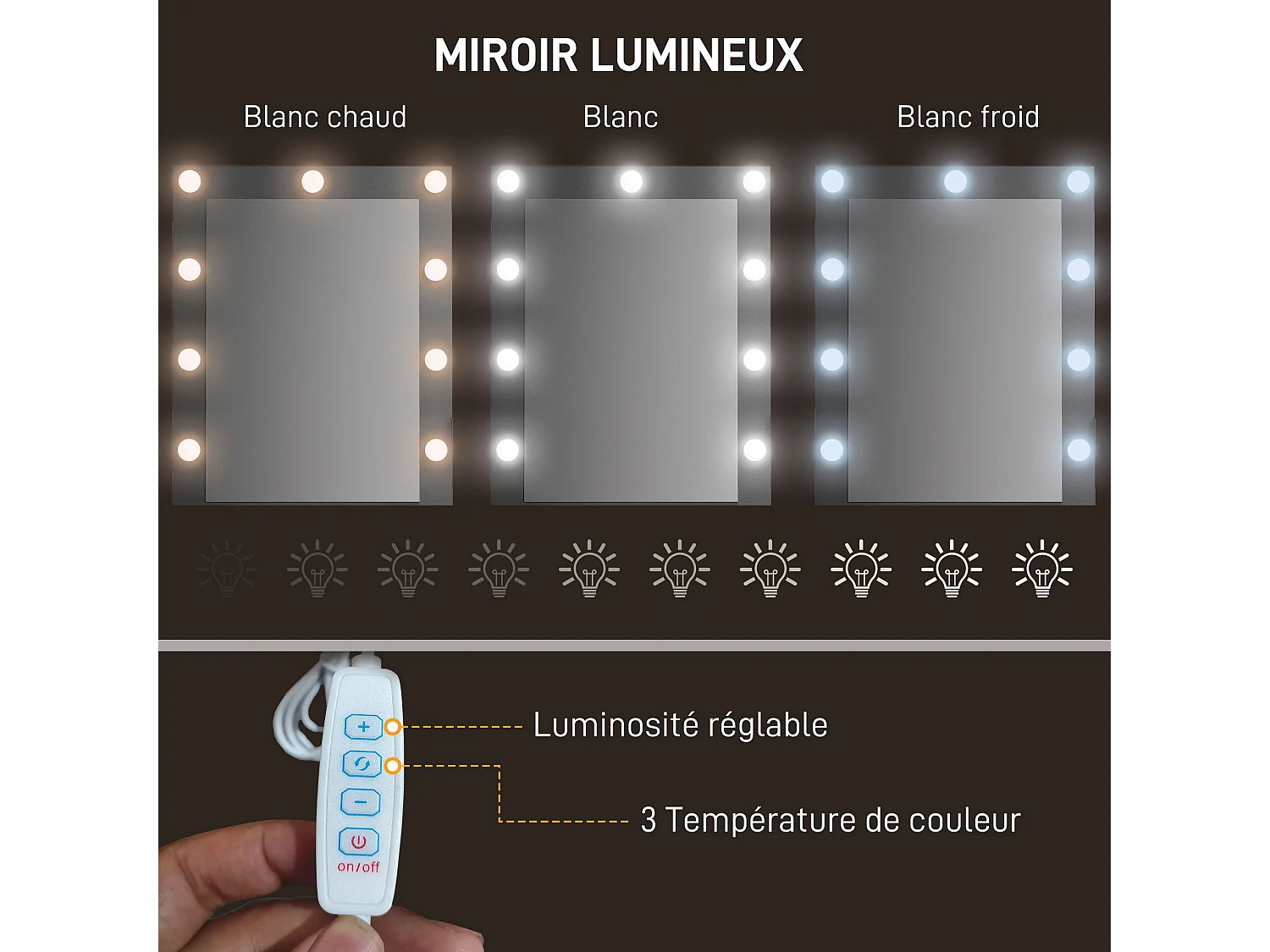 Coiffeuse style industriel - miroir LED réglable - 4 tiroirs tissu - acier noir aspect bois vieilli