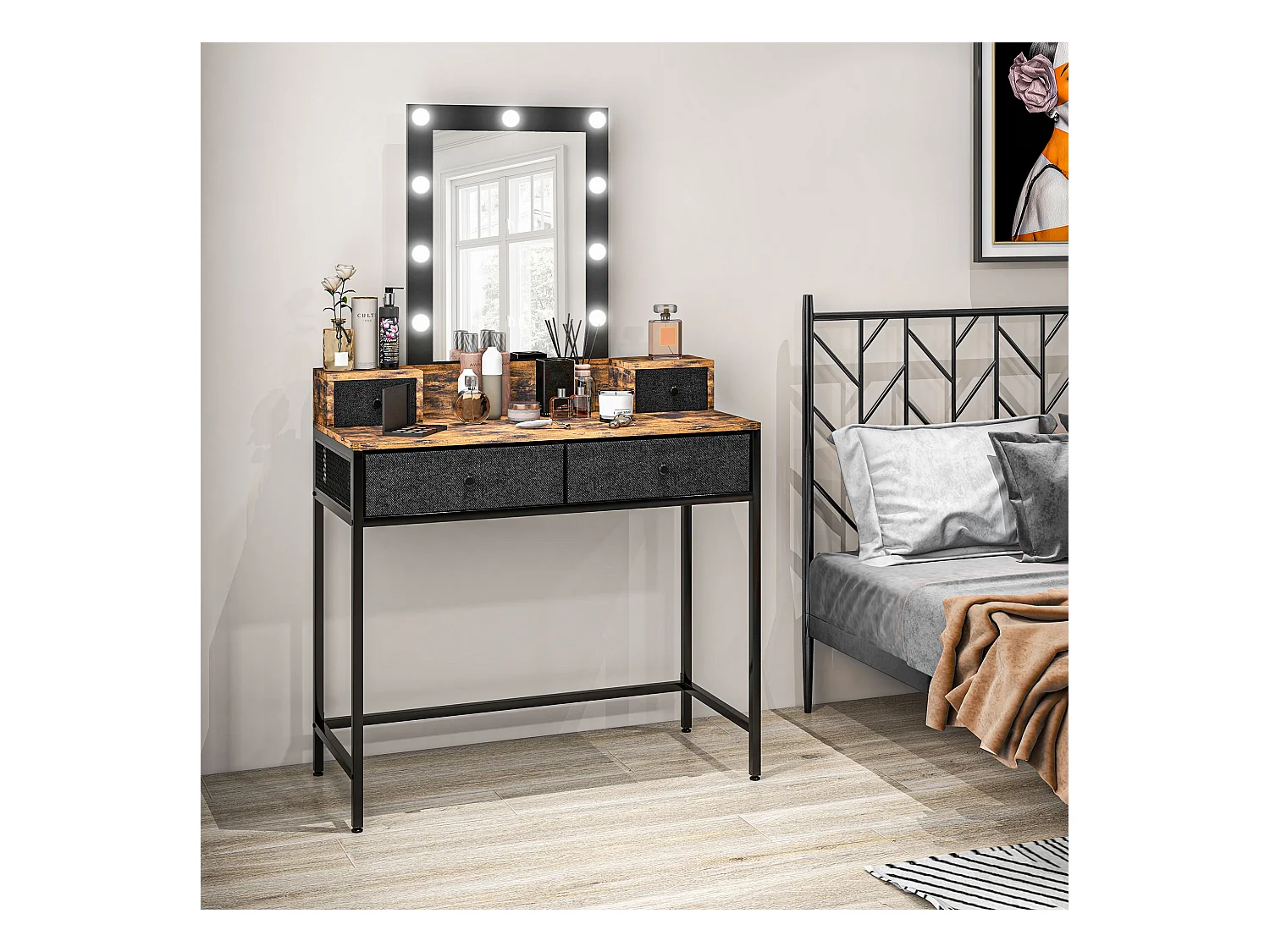 Coiffeuse style industriel - miroir LED réglable - 4 tiroirs tissu - acier noir aspect bois vieilli