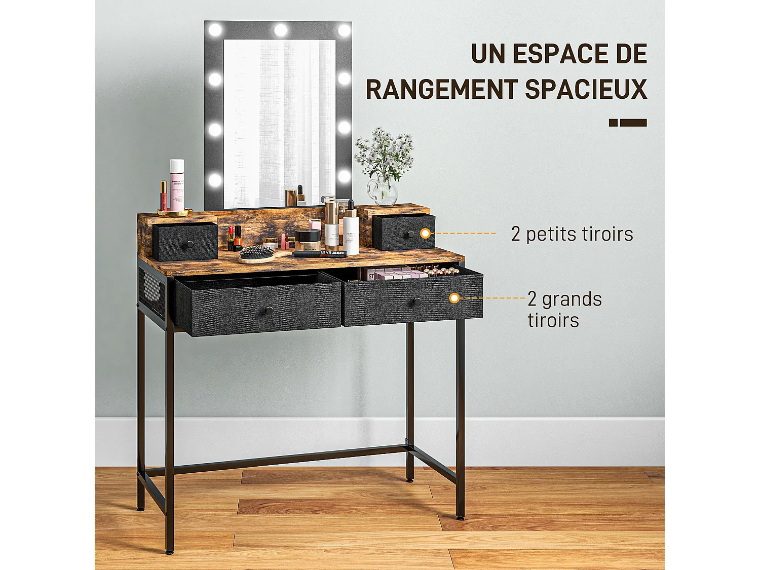 Coiffeuse style industriel - miroir LED réglable - 4 tiroirs tissu - acier noir aspect bois vieilli