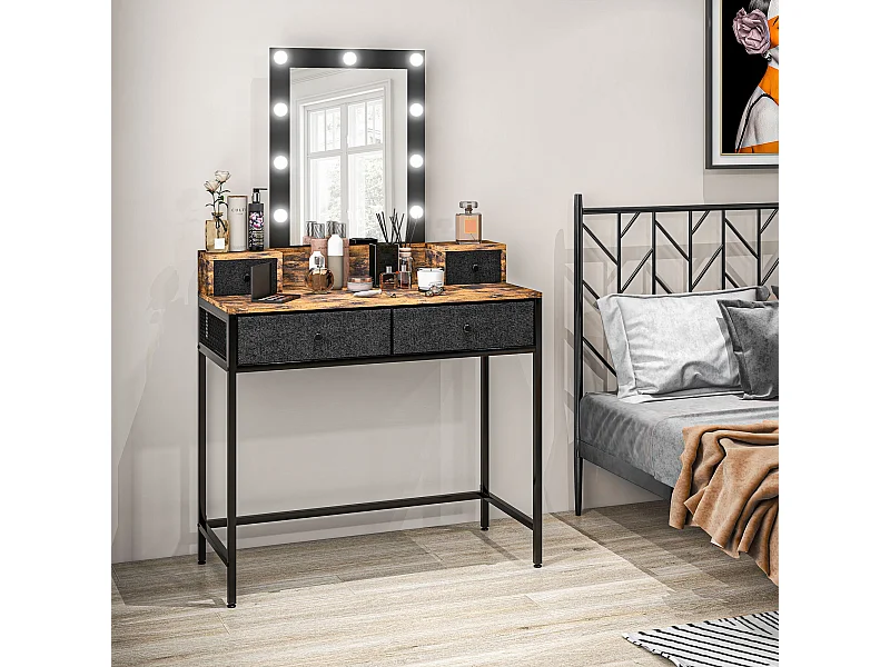 Coiffeuse style industriel - miroir LED réglable - 4 tiroirs tissu - acier noir aspect bois vieilli