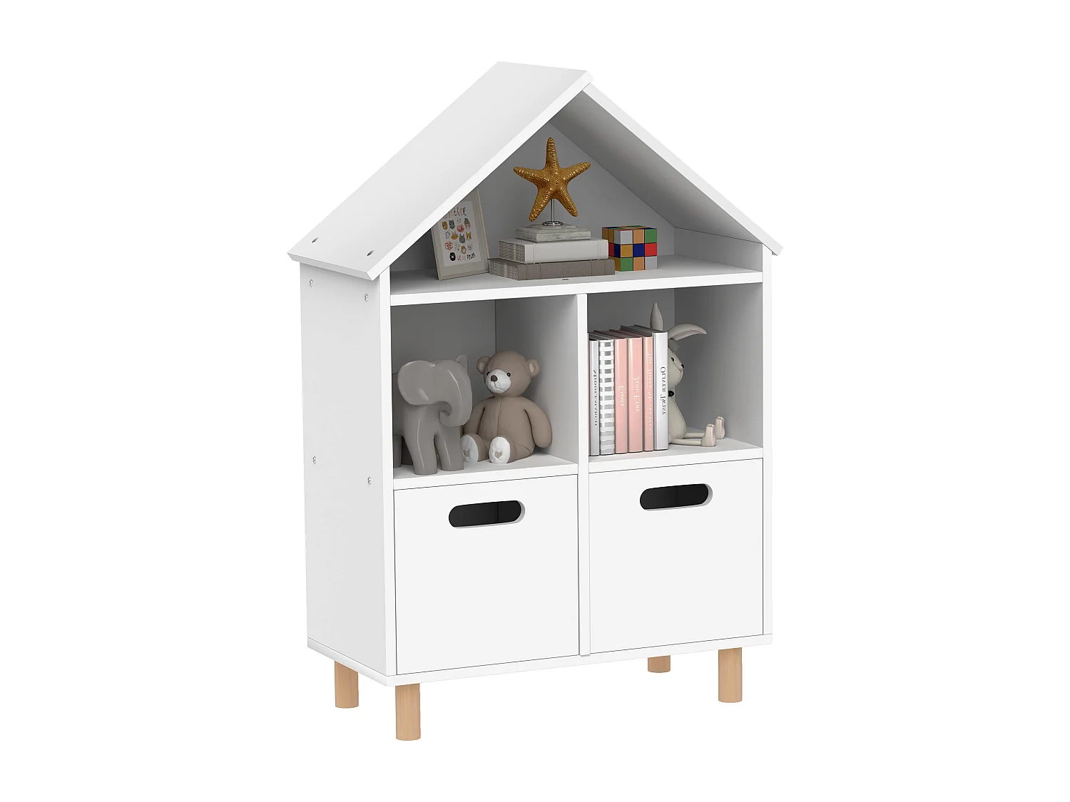 Bibliothèque enfant style nordique maisonnette - 2 tiroirs, 3 niches - MDF effet bois clair blanc