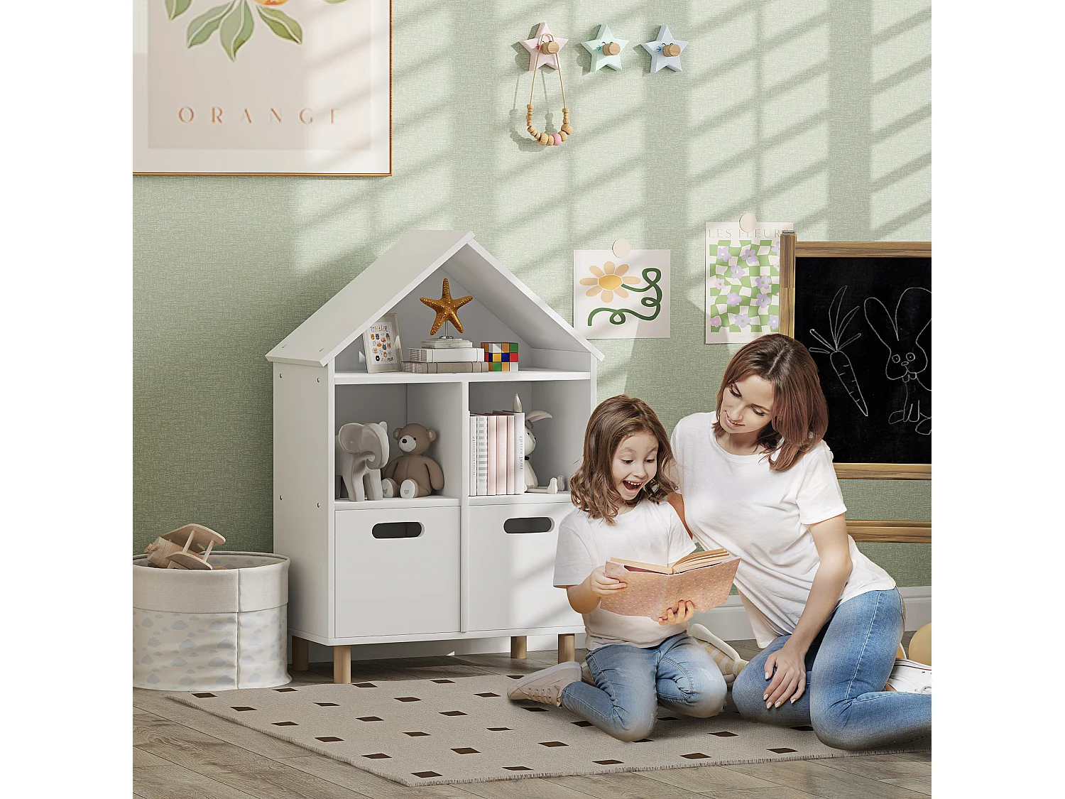 Bibliothèque enfant style nordique maisonnette - 2 tiroirs, 3 niches - MDF effet bois clair blanc