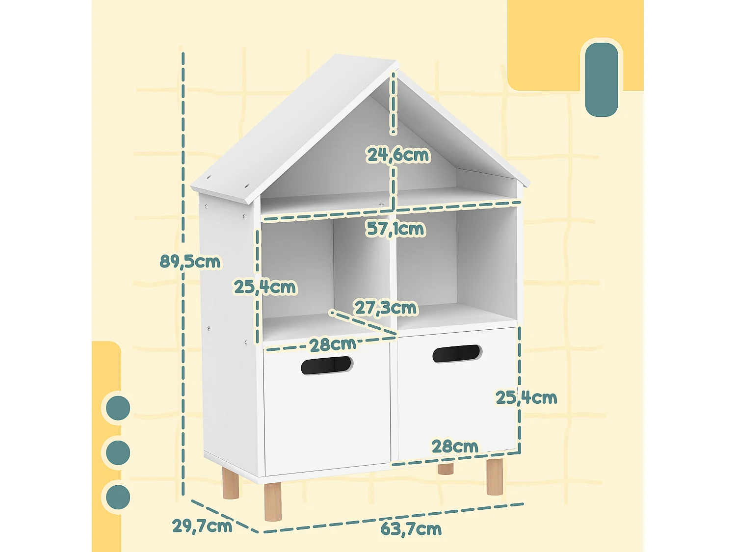 Bibliothèque enfant style nordique maisonnette - 2 tiroirs, 3 niches - MDF effet bois clair blanc