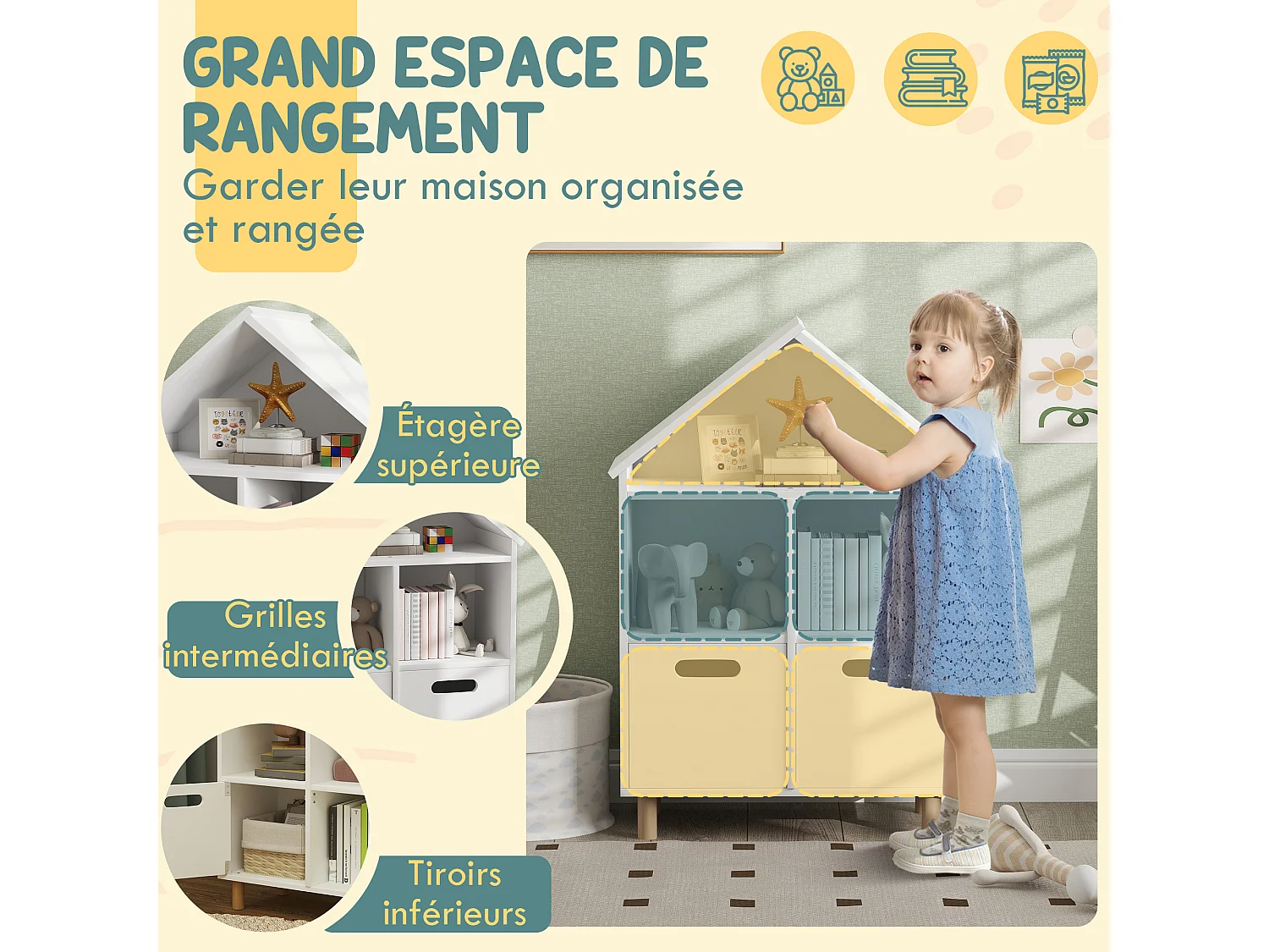 Bibliothèque enfant style nordique maisonnette - 2 tiroirs, 3 niches - MDF effet bois clair blanc