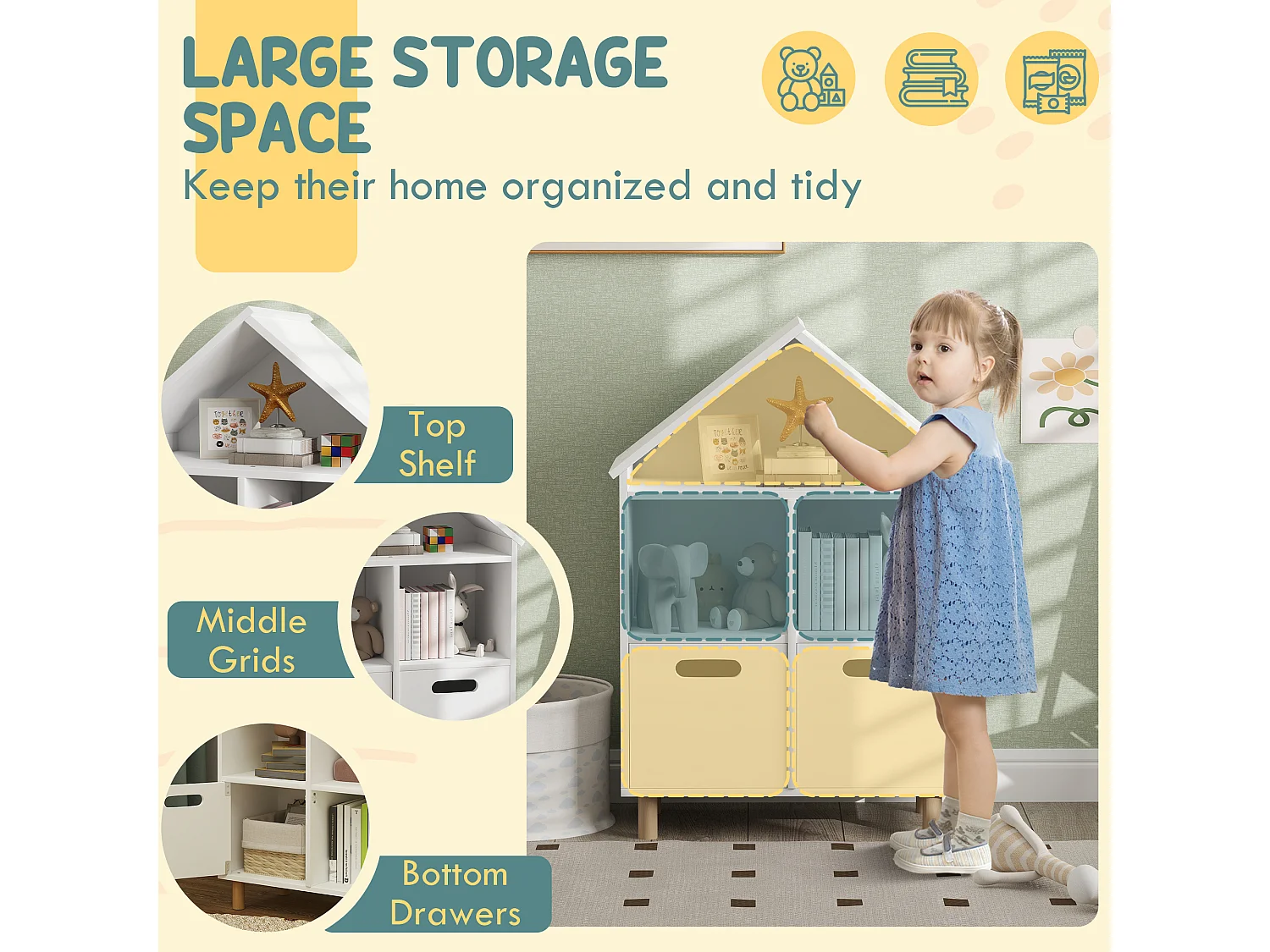 Bibliothèque enfant style nordique maisonnette - 2 tiroirs, 3 niches - MDF effet bois clair blanc