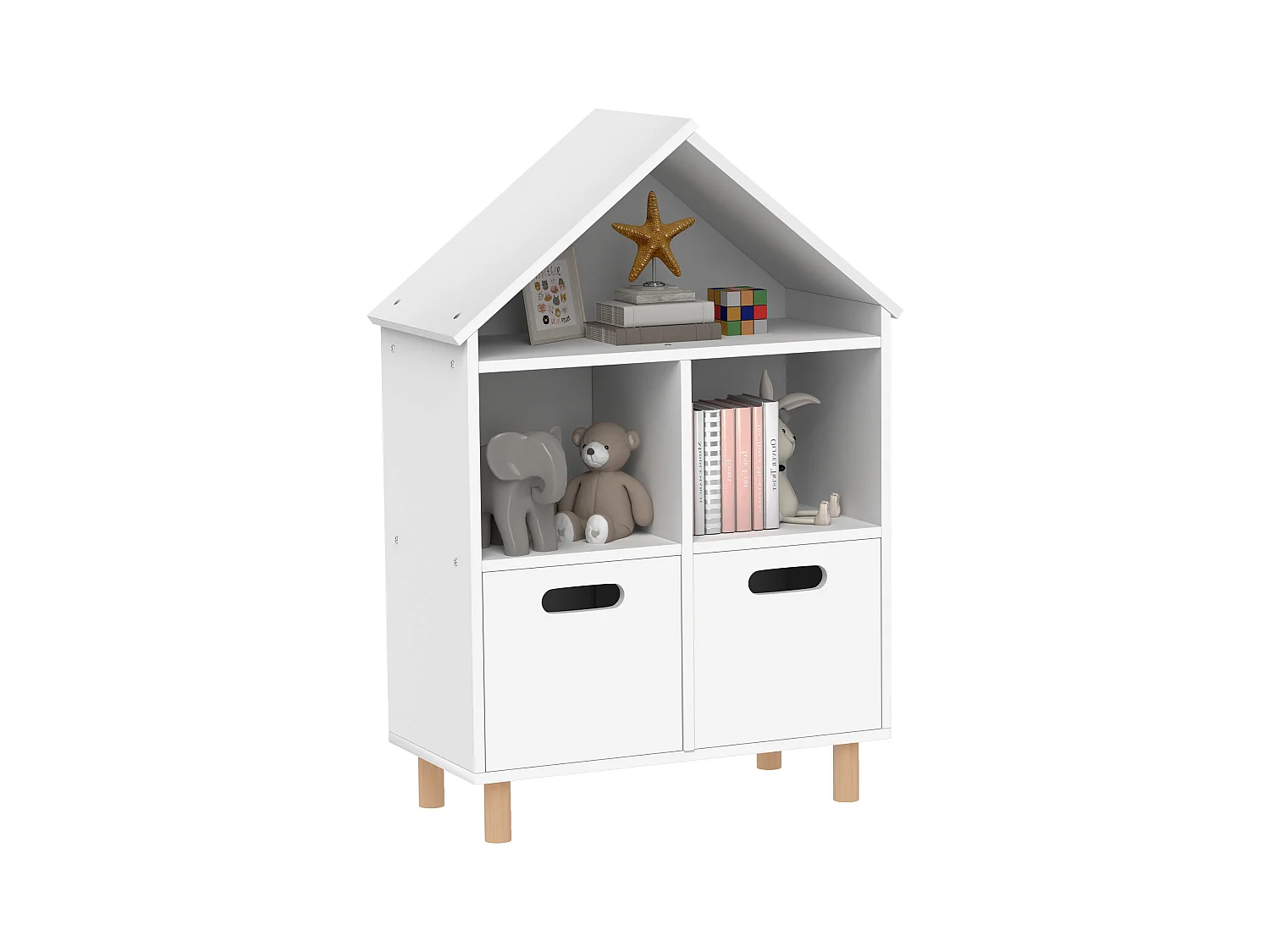 Bibliothèque enfant style nordique maisonnette - 2 tiroirs, 3 niches - MDF effet bois clair blanc