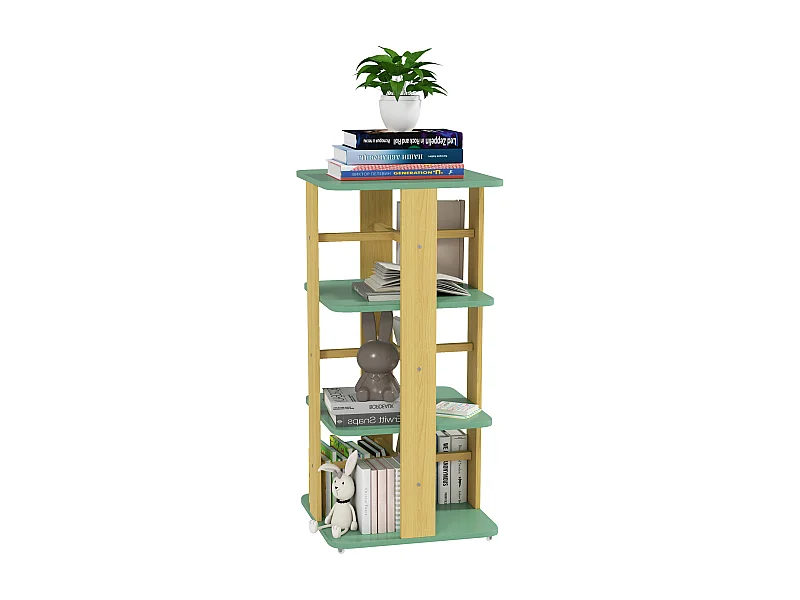Bibliothèque enfant mobile sur roulettes - 4 niveaux rangement - bois de pin MDF vert