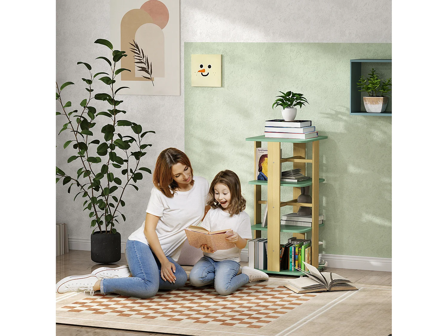 Bibliothèque enfant mobile sur roulettes - 4 niveaux rangement - bois de pin MDF vert