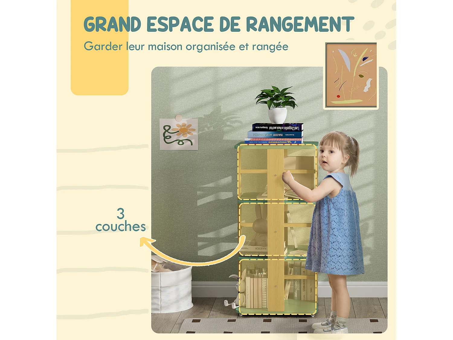 Bibliothèque enfant mobile sur roulettes - 4 niveaux rangement - bois de pin MDF vert