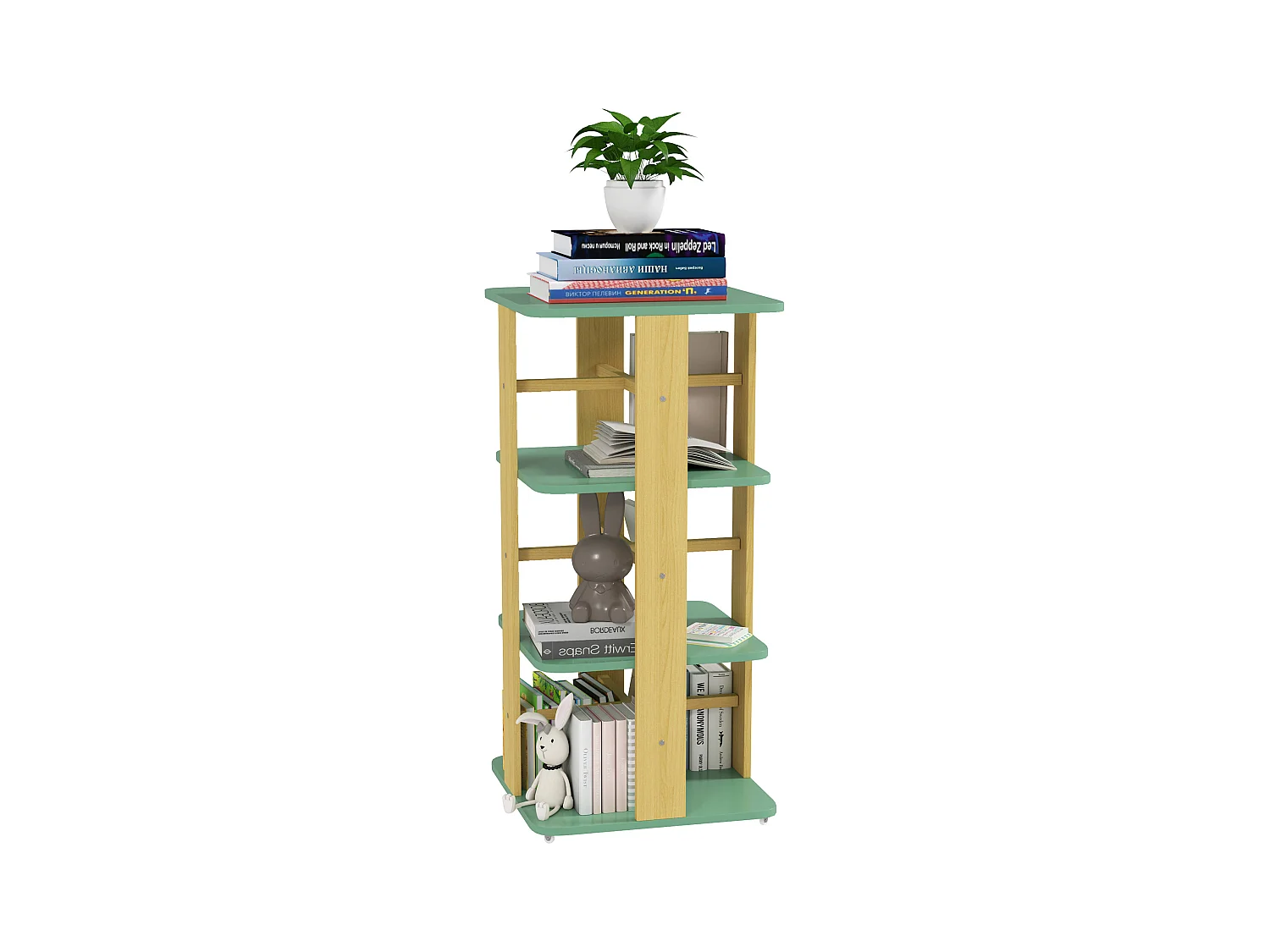 Bibliothèque enfant mobile sur roulettes - 4 niveaux rangement - bois de pin MDF vert