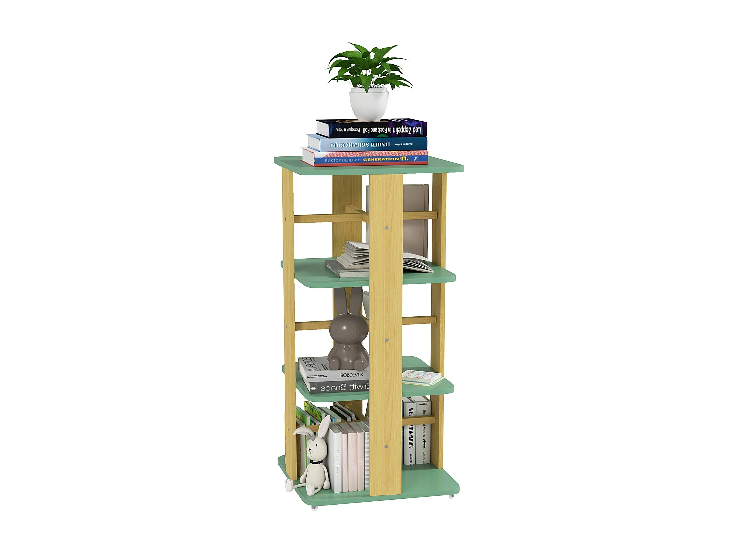 Bibliothèque enfant mobile sur roulettes - 4 niveaux rangement - bois de pin MDF vert