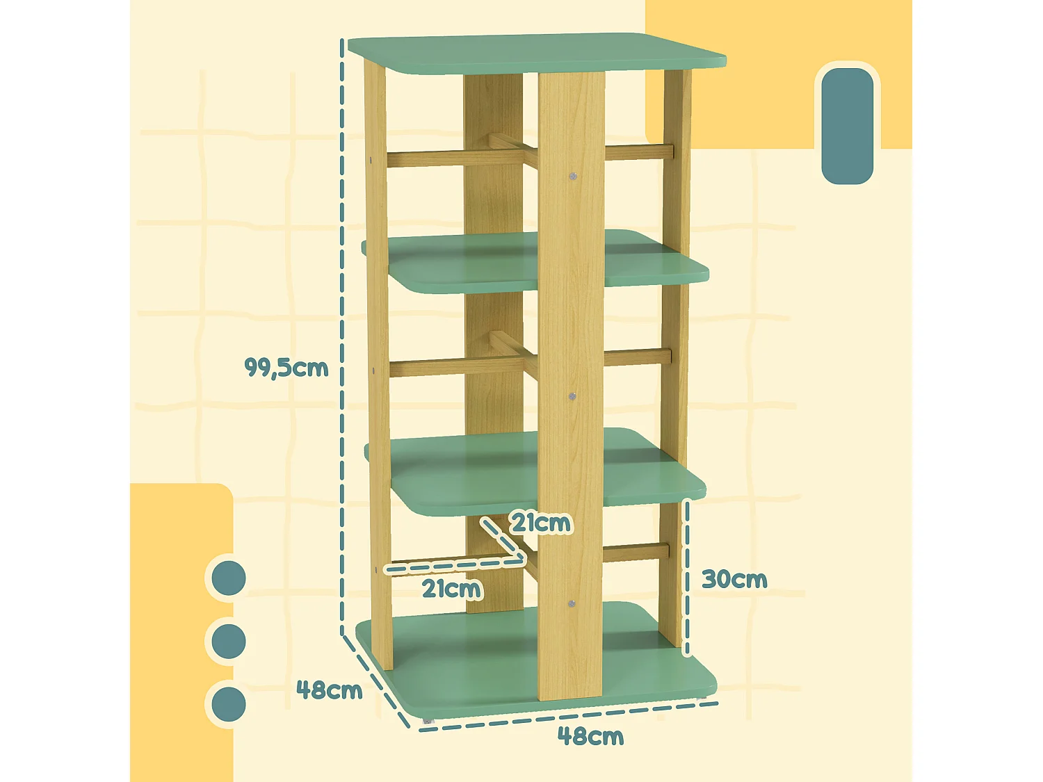 Bibliothèque enfant mobile sur roulettes - 4 niveaux rangement - bois de pin MDF vert