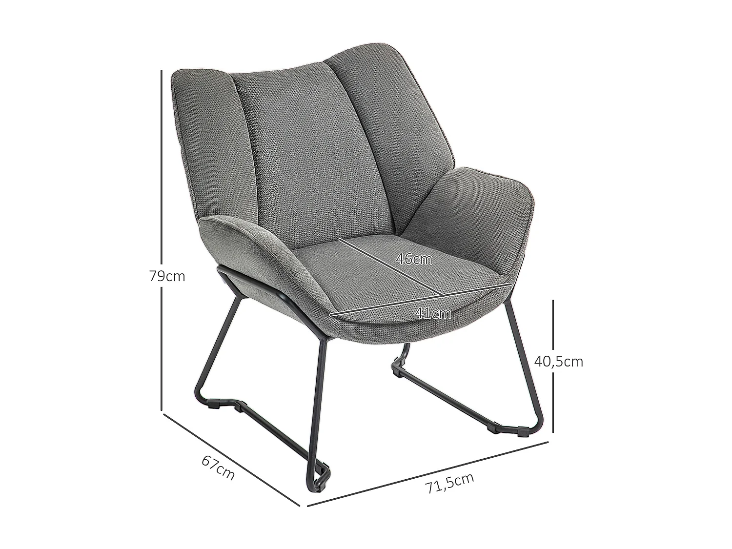 Fauteuil lounge design contemporain - dossier incliné, assise accoudoirs enveloppants - acier noir tissu gris