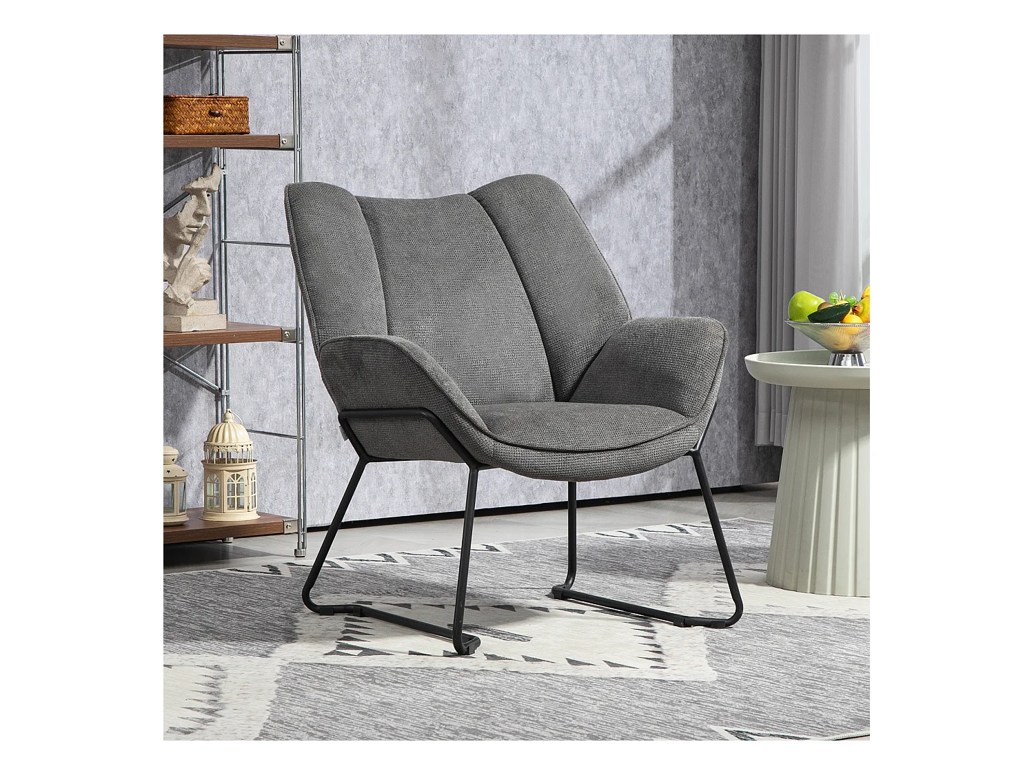 Fauteuil lounge design contemporain - dossier incliné, assise accoudoirs enveloppants - acier noir tissu gris