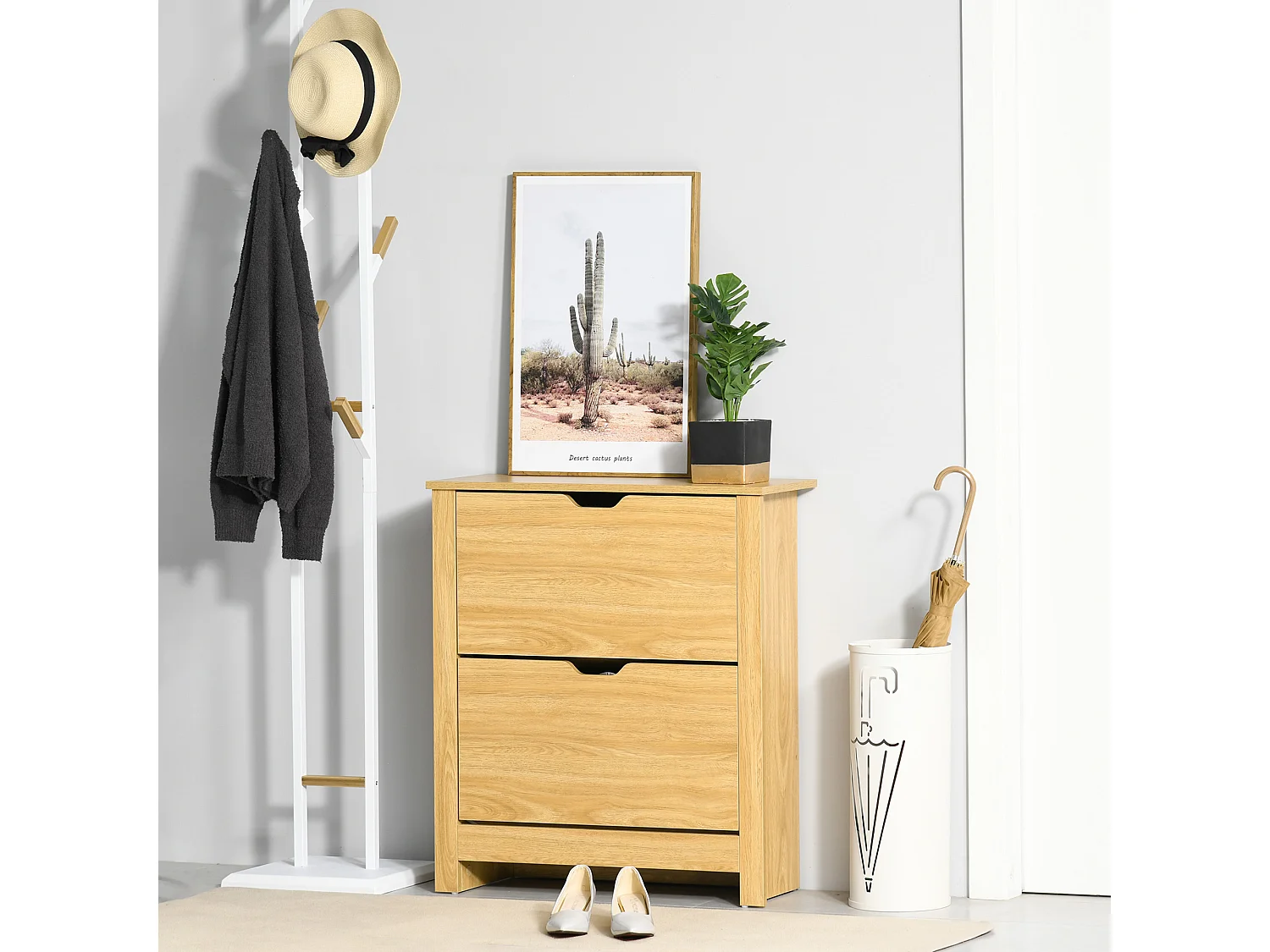 Armoire à chaussures 2 portes abattantes 2 compartiments panneaux particules aspect bois