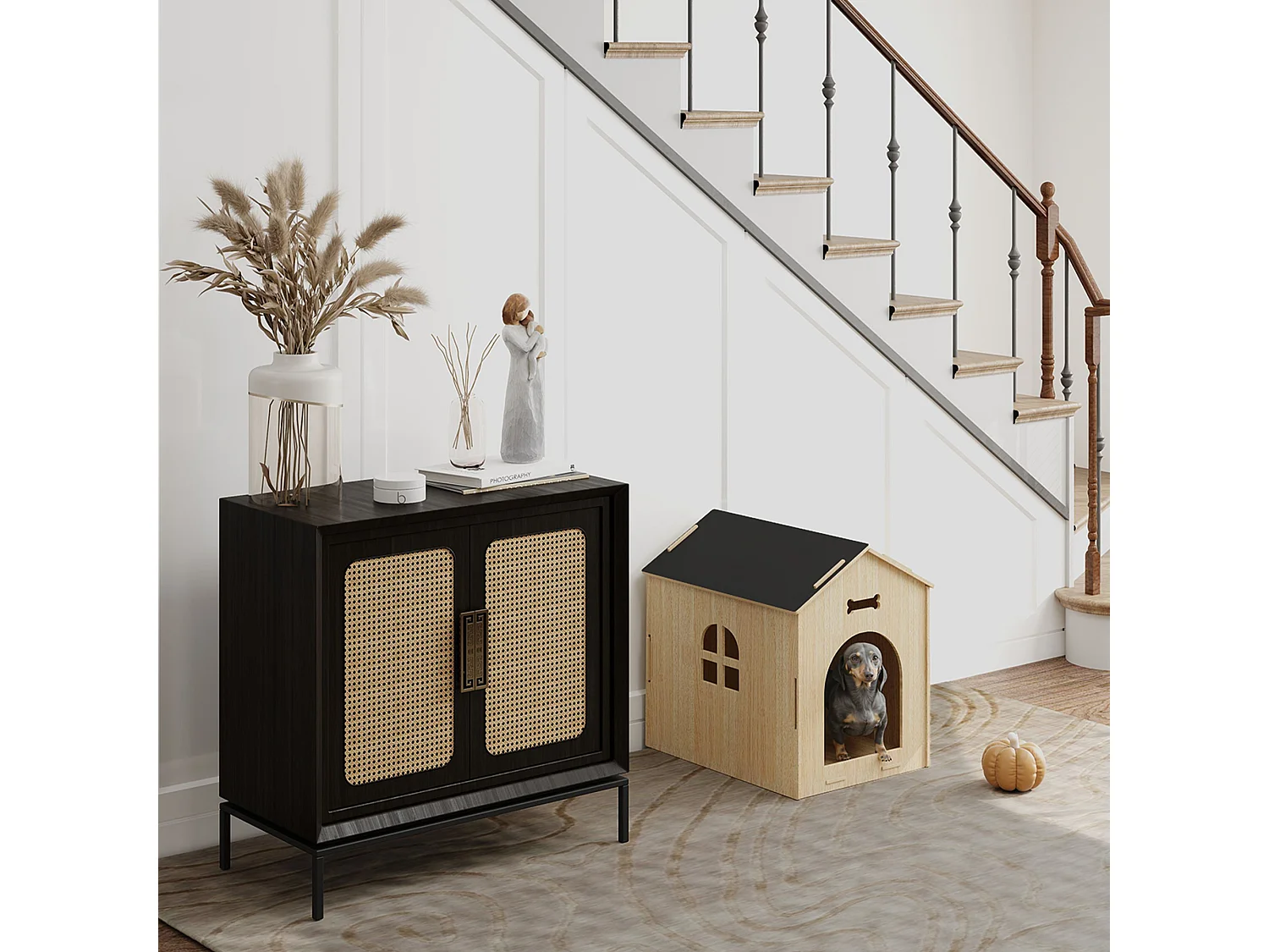 Niche intérieure en kit motif os - niche en bois intérieur - pour petits chiens - grande entrée, fenêtre - effet bois noir