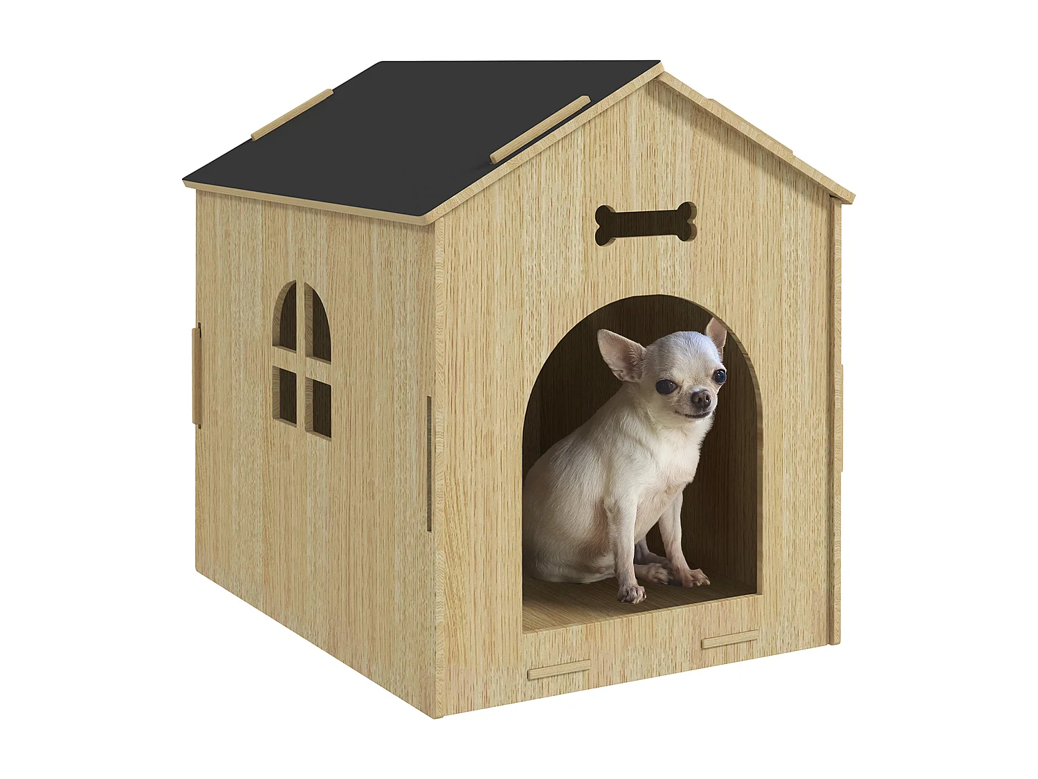 Niche intérieure en kit motif os - niche en bois intérieur - pour petits chiens - grande entrée, fenêtre - effet bois noir