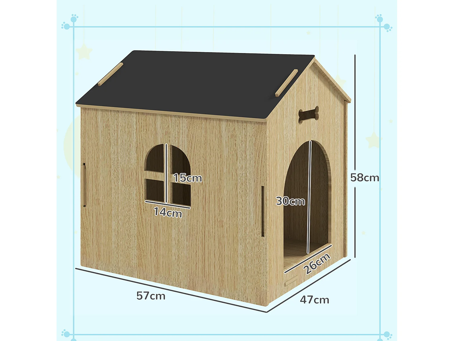 Niche intérieure en kit motif os - niche en bois intérieur - pour petits chiens - grande entrée, fenêtre - effet bois noir