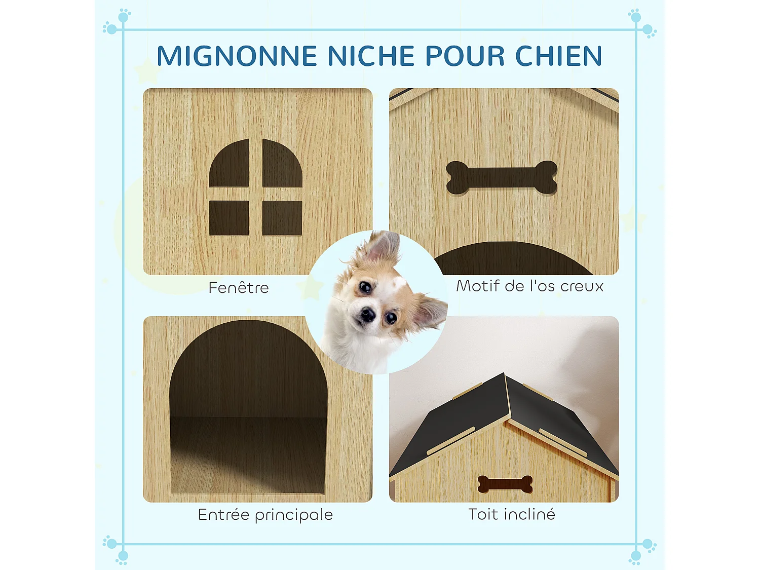 Niche intérieure en kit motif os - niche en bois intérieur - pour petits chiens - grande entrée, fenêtre - effet bois noir