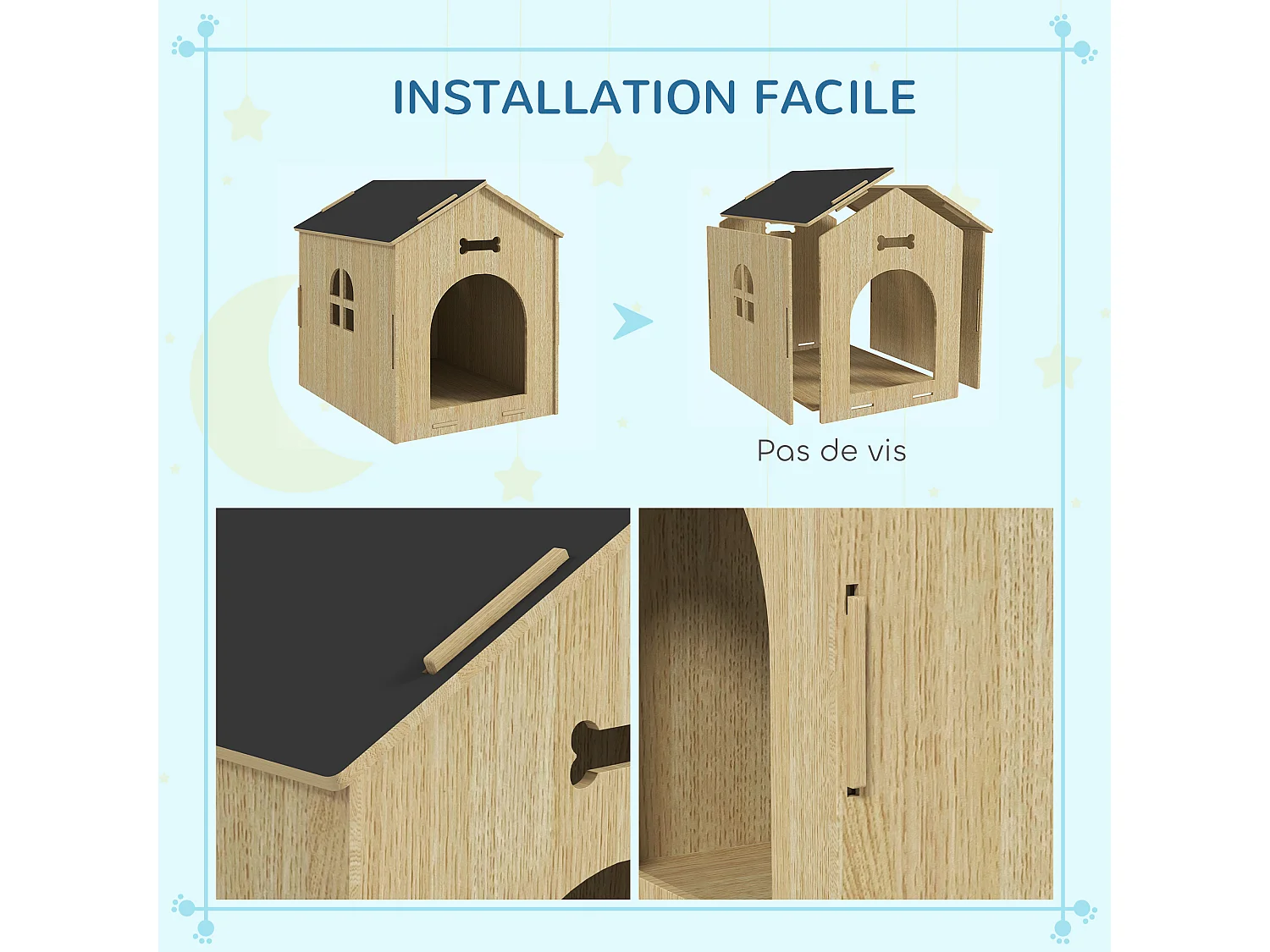 Niche intérieure en kit motif os - niche en bois intérieur - pour petits chiens - grande entrée, fenêtre - effet bois noir