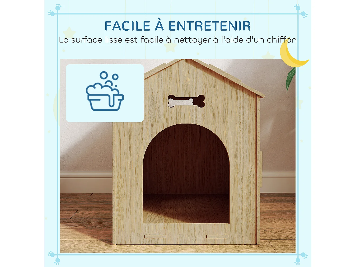 Niche intérieure en kit motif os - niche en bois intérieur - pour petits chiens - grande entrée, fenêtre - effet bois noir