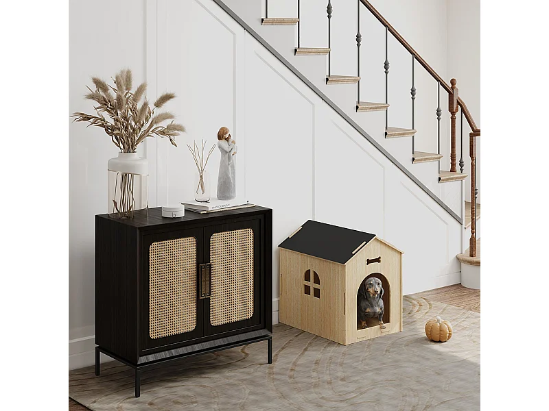 Niche intérieure en kit motif os - niche en bois intérieur - pour petits chiens - grande entrée, fenêtre - effet bois noir