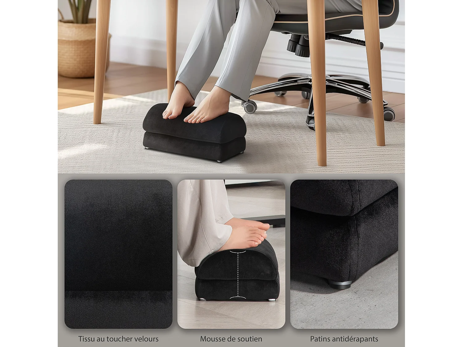 Repose-pied sous le bureau - repose pied bureau antidérapant - mousse souple velours noir