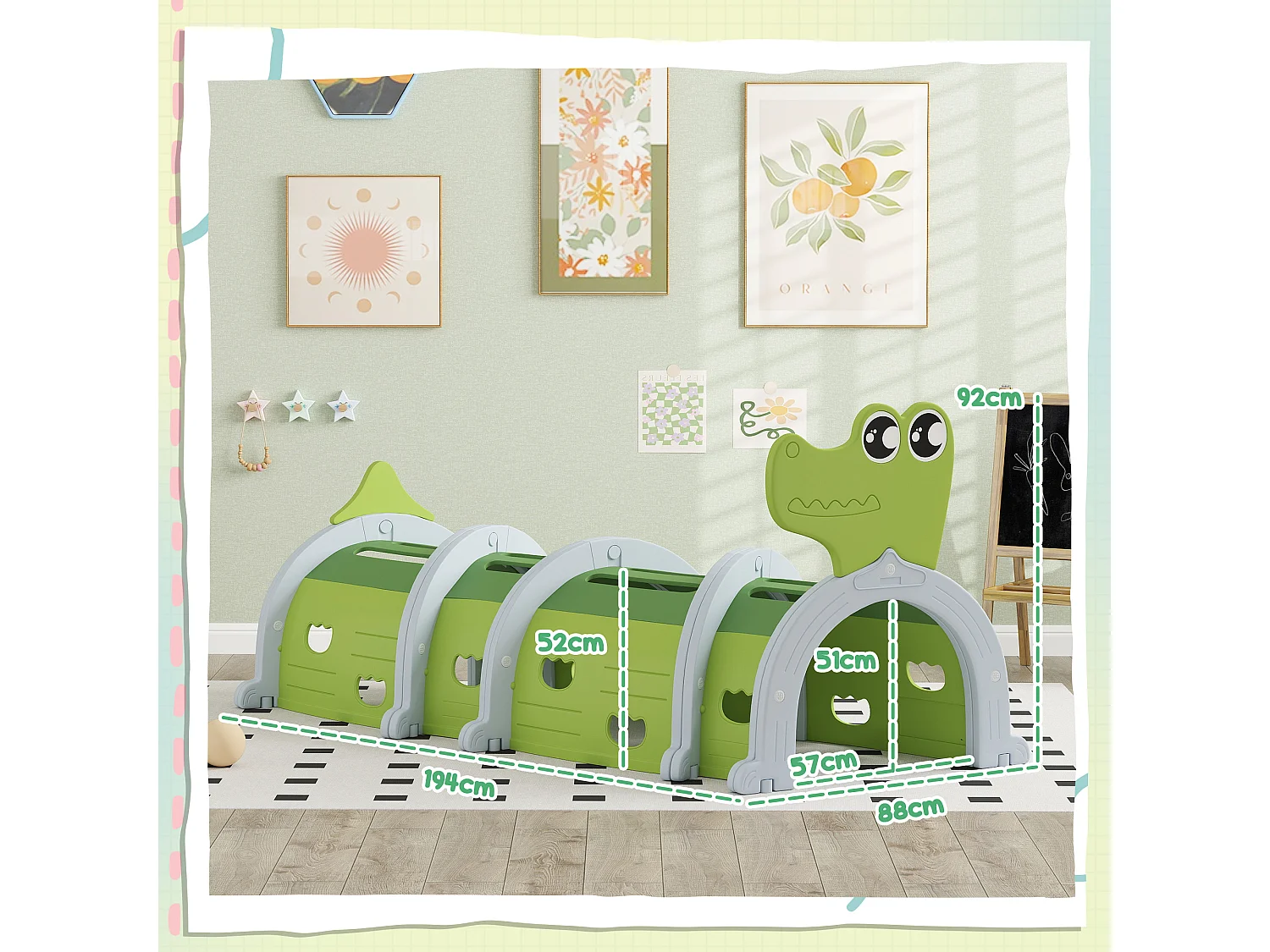 Tunnel de jeu pour enfants crocodile - parcours de motricité modulable - intérieur extérieur - gris vert