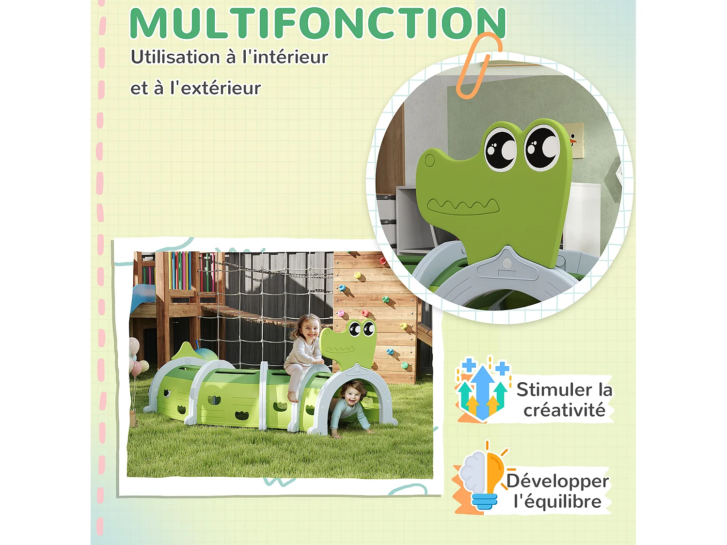 Tunnel de jeu pour enfants crocodile - parcours de motricité modulable - intérieur extérieur - gris vert