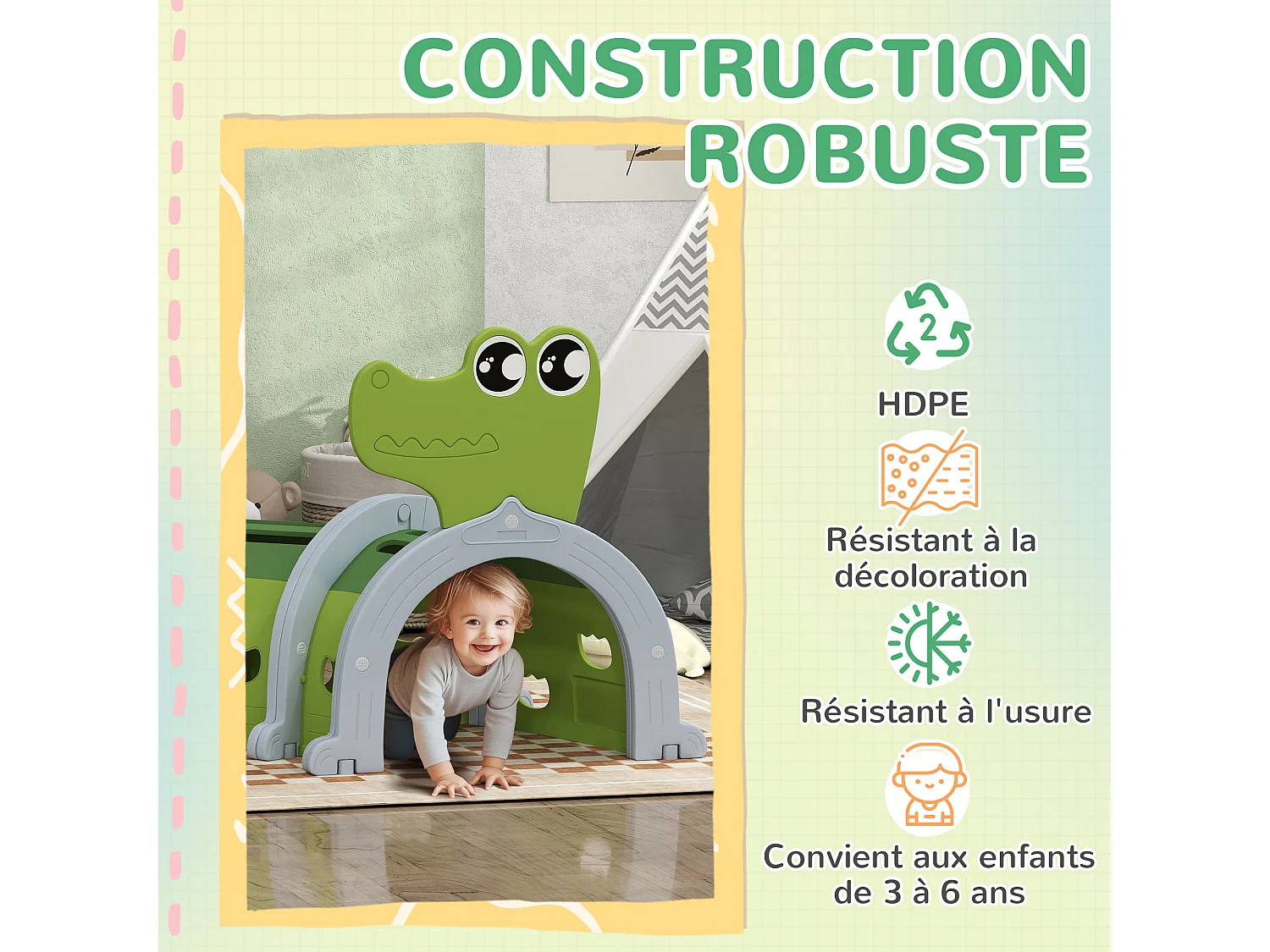 Tunnel de jeu pour enfants crocodile - parcours de motricité modulable - intérieur extérieur - gris vert