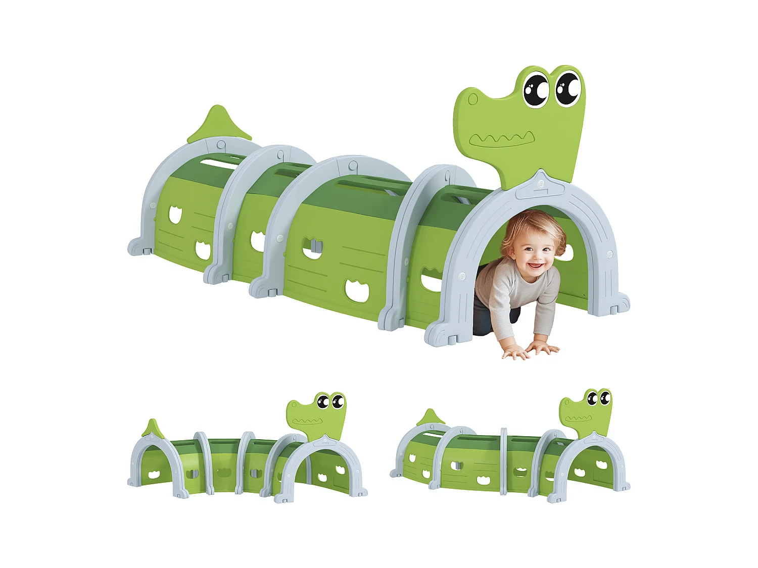 Tunnel de jeu pour enfants crocodile - parcours de motricité modulable - intérieur extérieur - gris vert