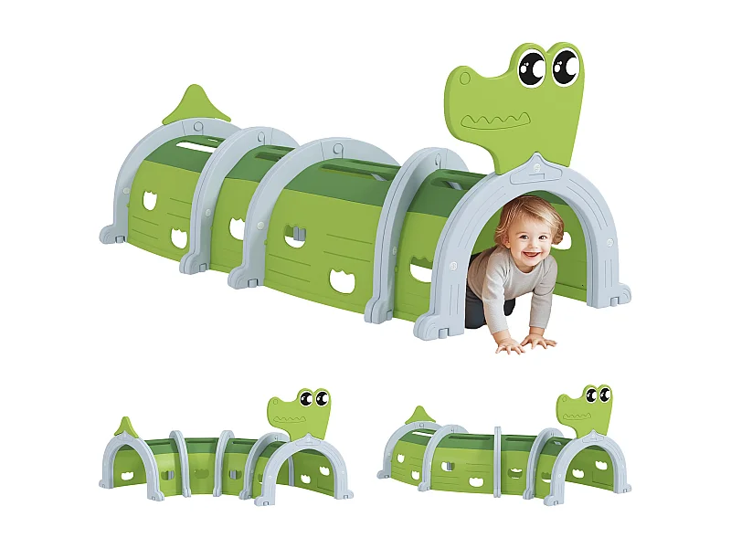 Tunnel de jeu pour enfants crocodile - parcours de motricité modulable - intérieur extérieur - gris vert
