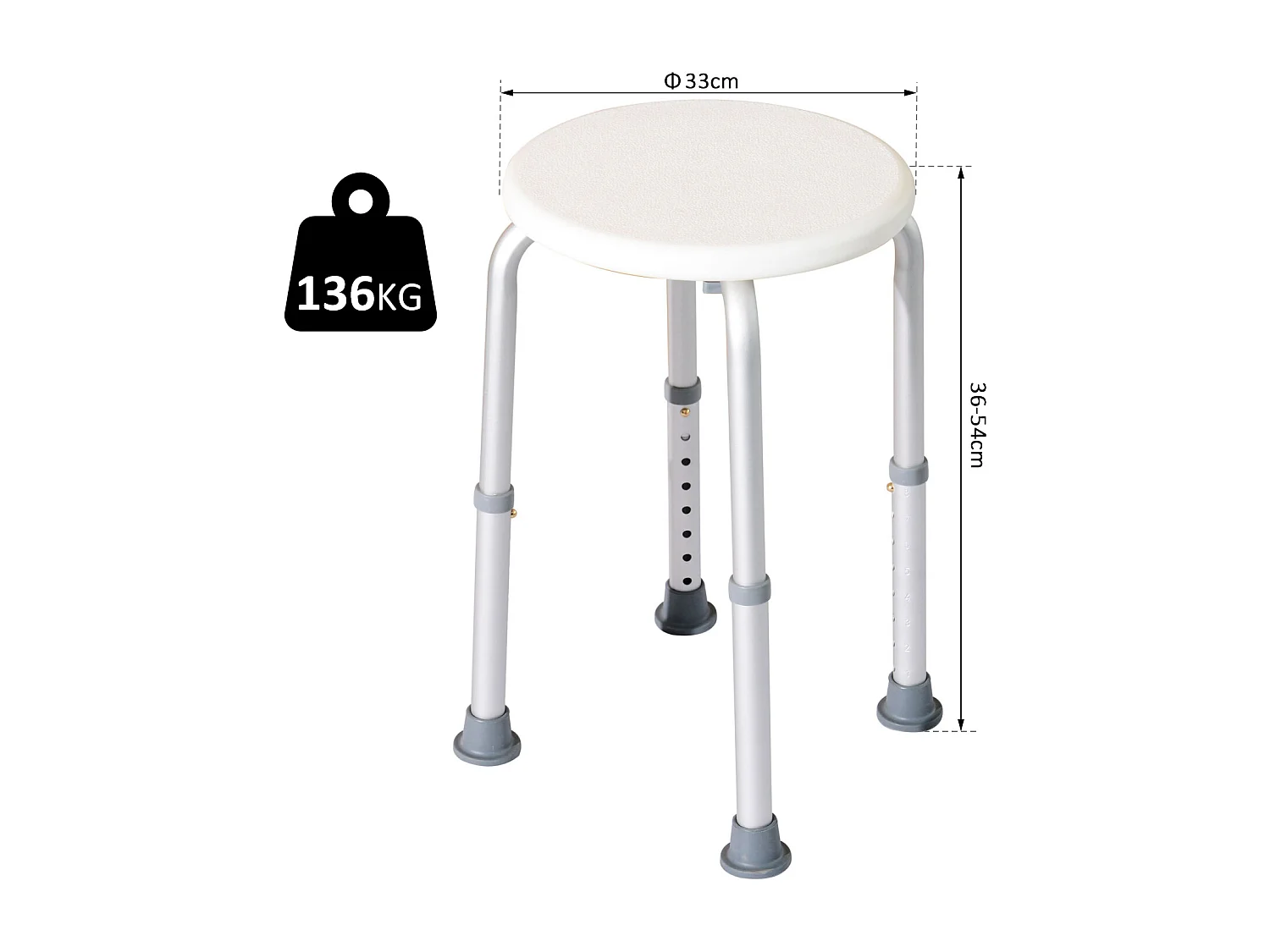 Tabouret de douche réglable en hauteur siège de douche ergonomique pieds antidérapants charge max. 136 Kg alu HDPE blanc